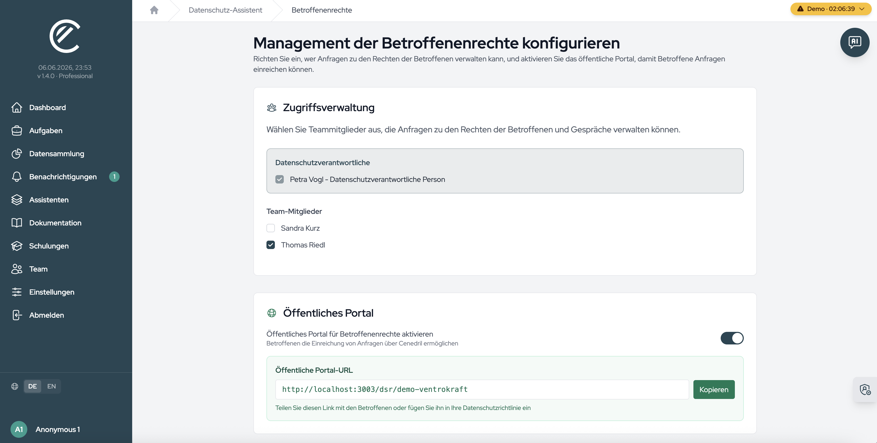 Die Konfigurationsseite mit den Bereichen „Zugriffsverwaltung“ und „Öffentliches Portal“.