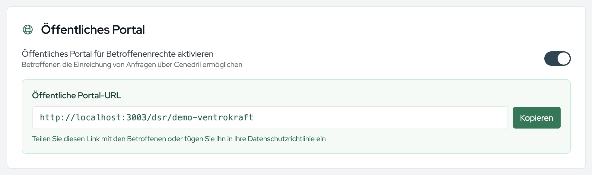 Der aktivierte Schalter blendet die öffentliche Portal-URL mit der Schaltfläche „Kopieren“ ein.
