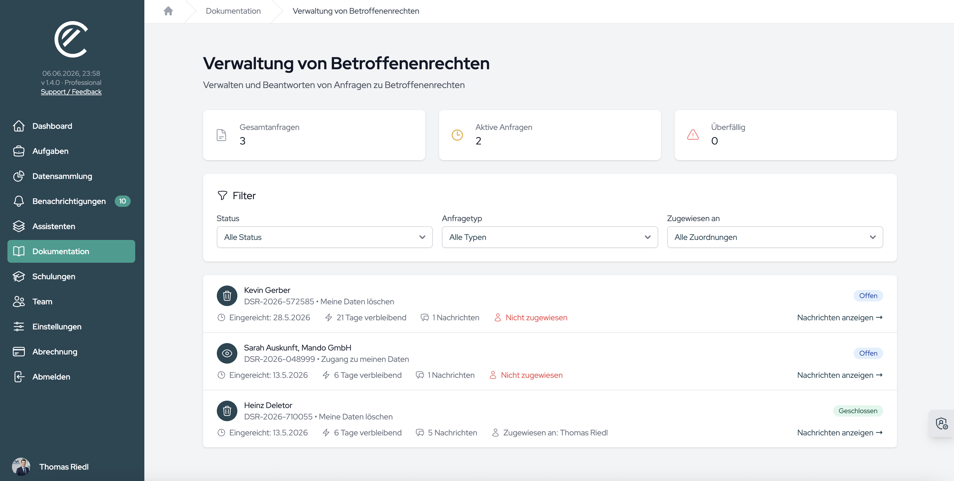 Die Verwaltungsseite mit Kennzahlen, Filtern und der Liste der Anfragen samt Status und Frist.