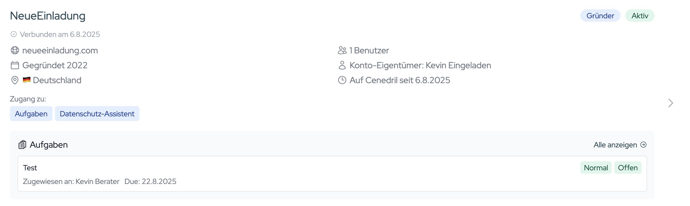 Eine Mandantenzeile mit Eckdaten, „Zugang zu“ und der Aufgabenkarte mit Priorität und Status.