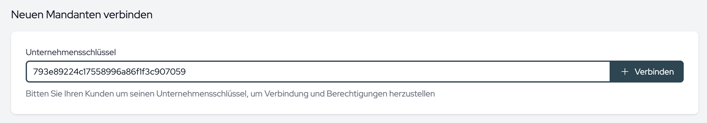 The “Company Key” field with the “Connect” button that establishes the connection.