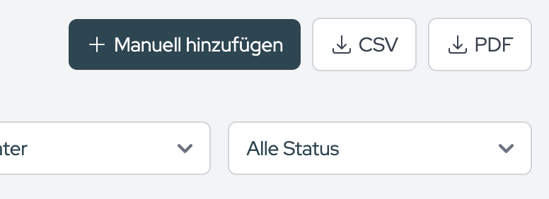 The CSV and PDF buttons export the list as currently filtered.