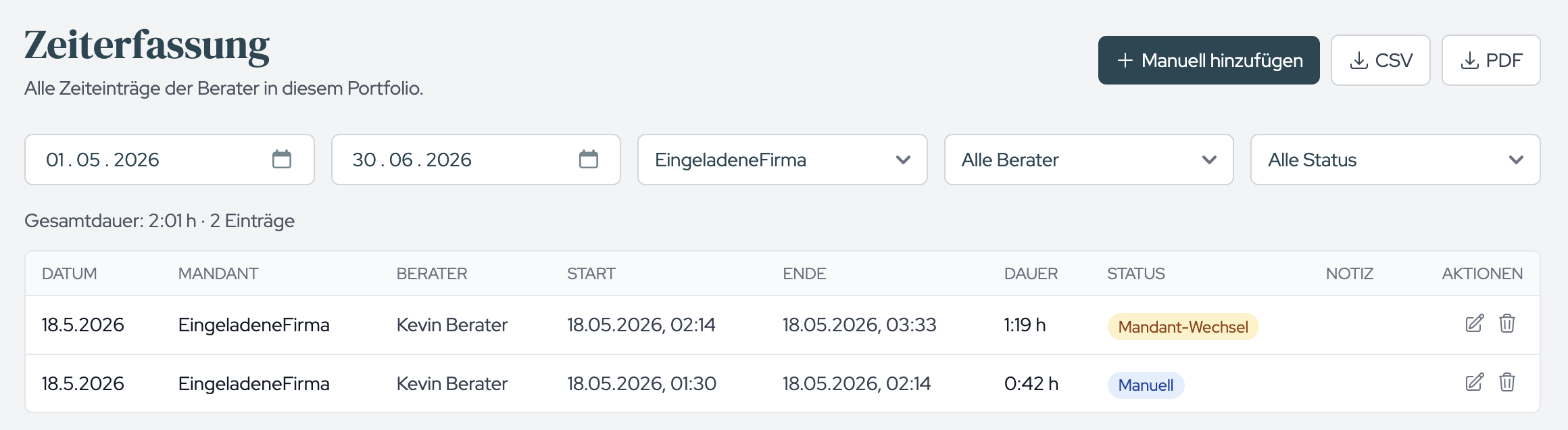 The filters for period, client, consultant and status narrow the entries shown.