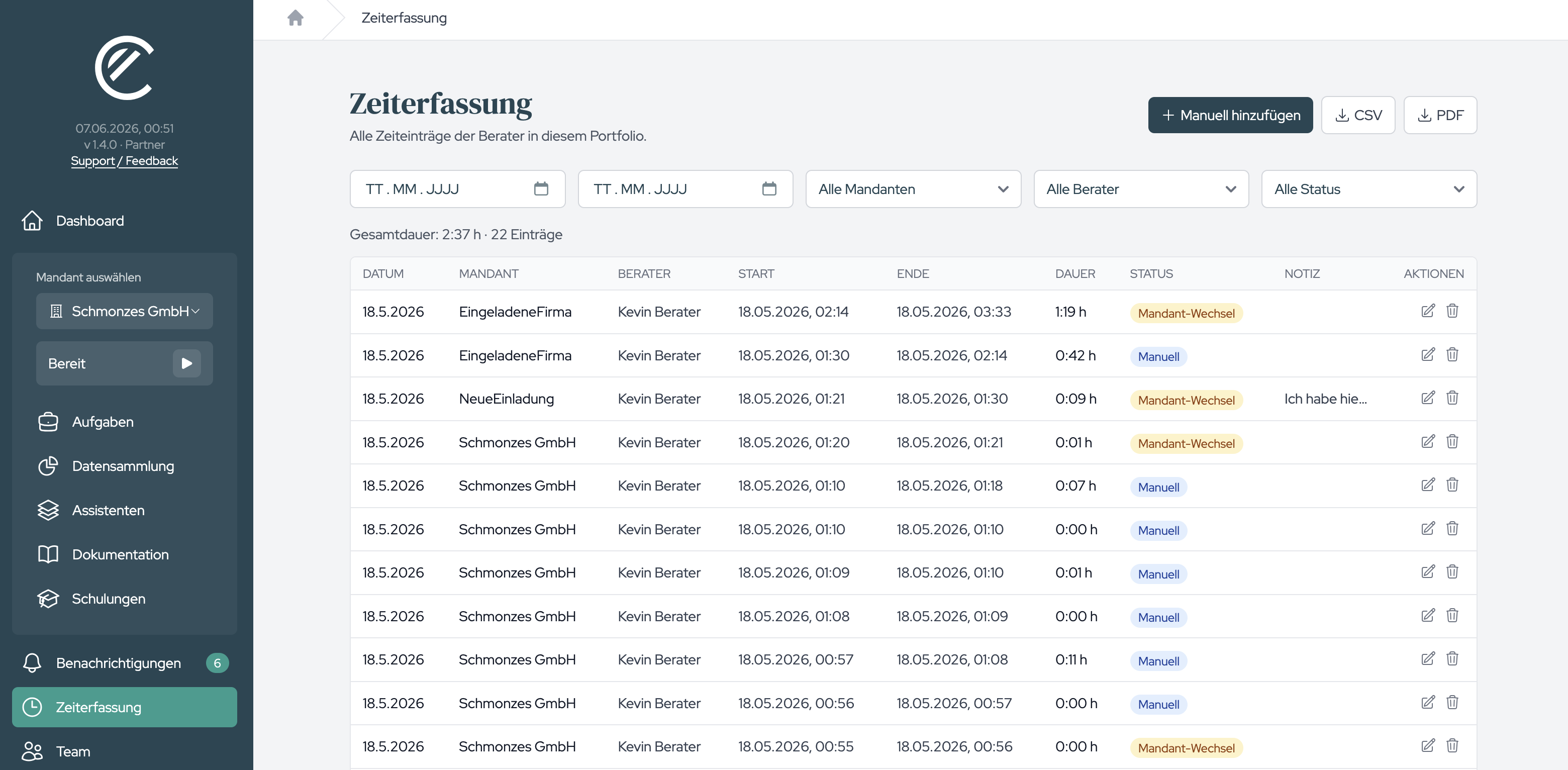 Time Tracking with the filter bar, total duration and the table of entries.