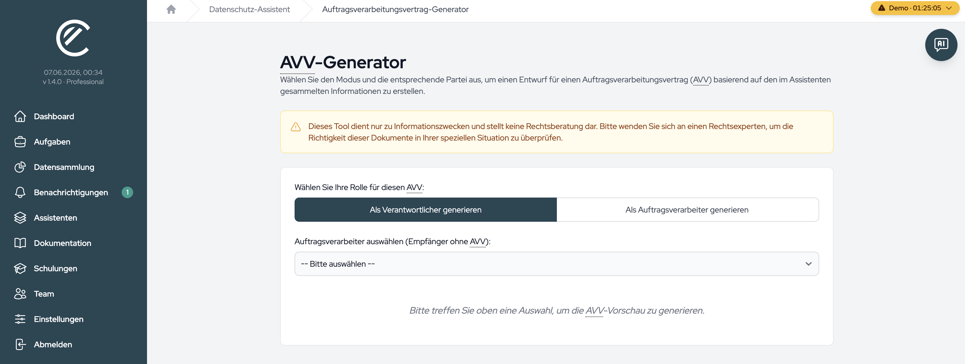 The DPA Generator with the role selection and the legal-advice note.