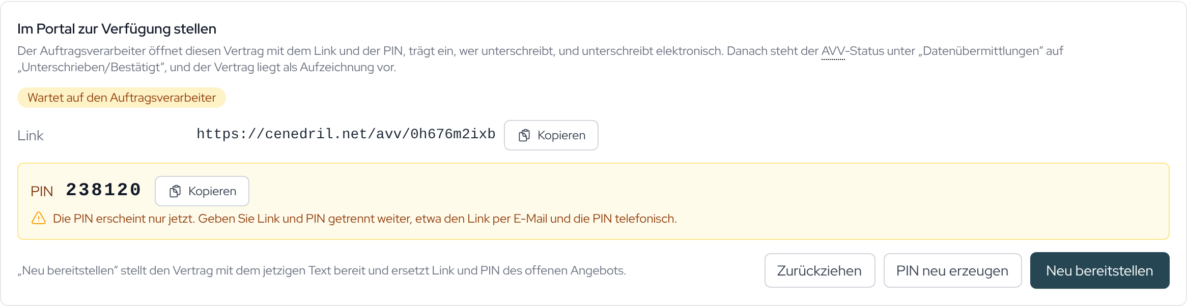 Nach dem Bereitstellen stehen Link und PIN im Bereich „Im Portal zur Verfügung stellen“.