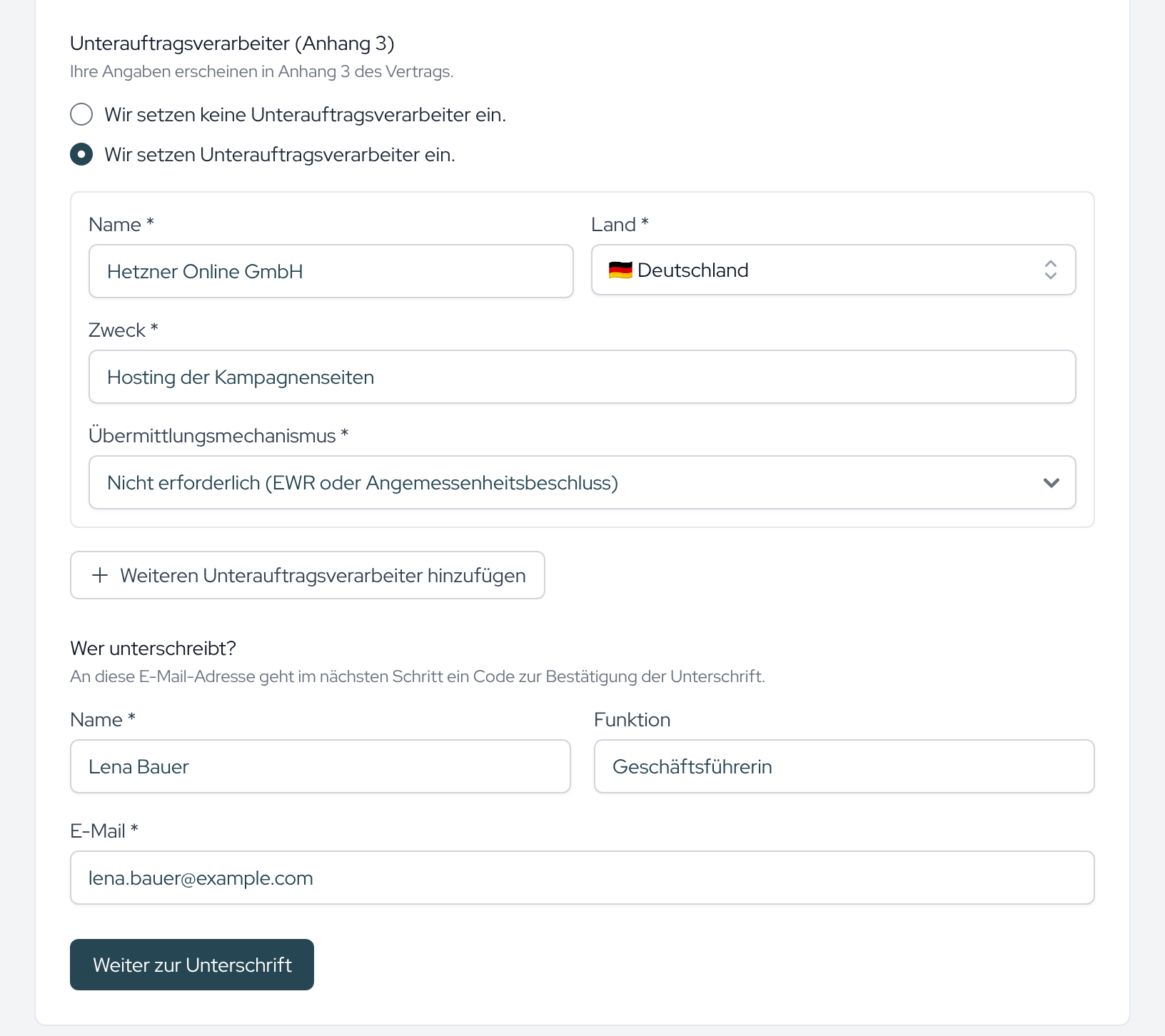 Im Portal trägt der Auftragsverarbeiter seine Unterauftragsverarbeiter und die unterzeichnende Person ein.