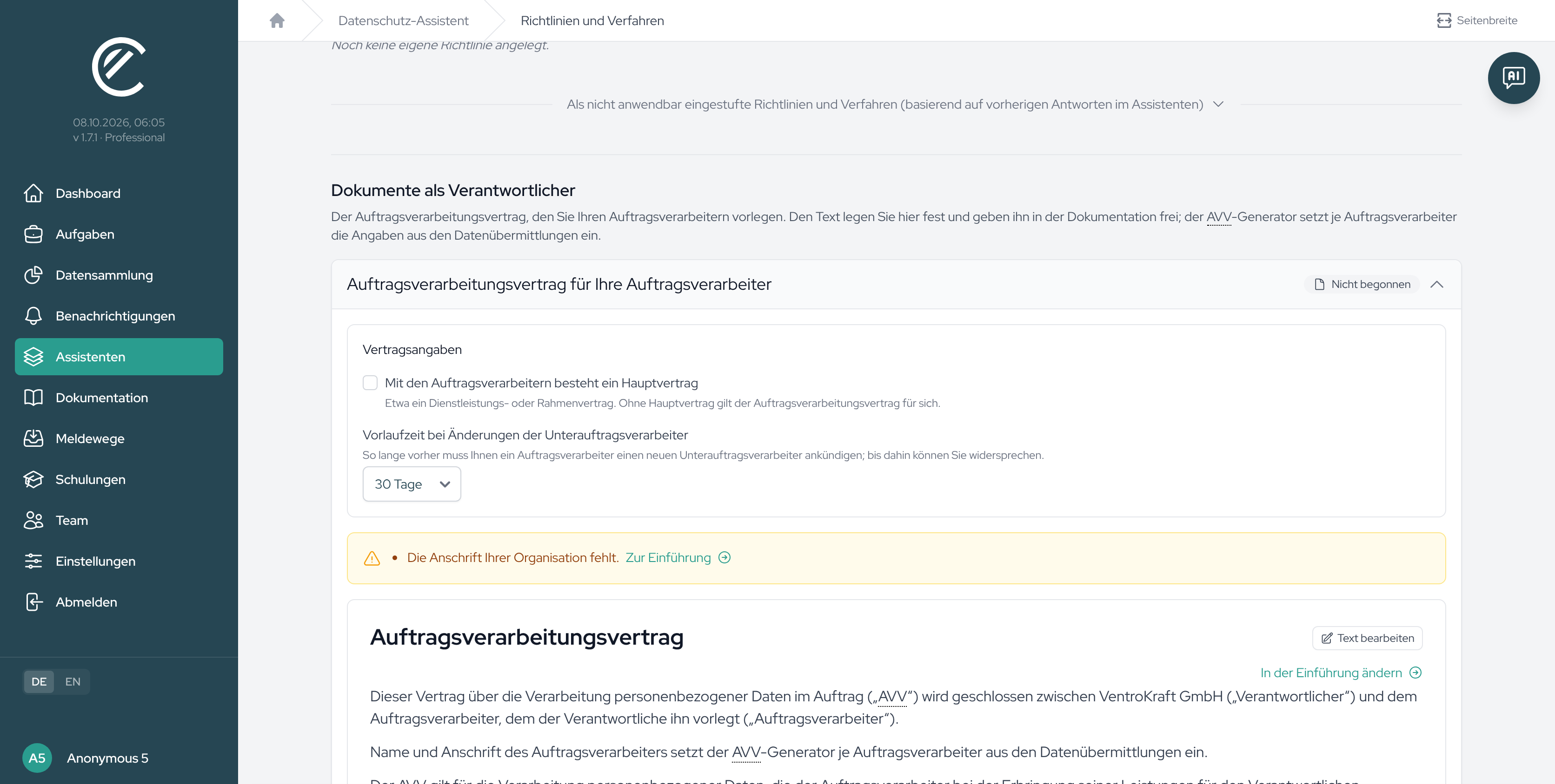Die Vorlage für Ihre Auftragsverarbeiter mit den Vertragsangaben, der Liste fehlender Angaben und dem Vertragstext.