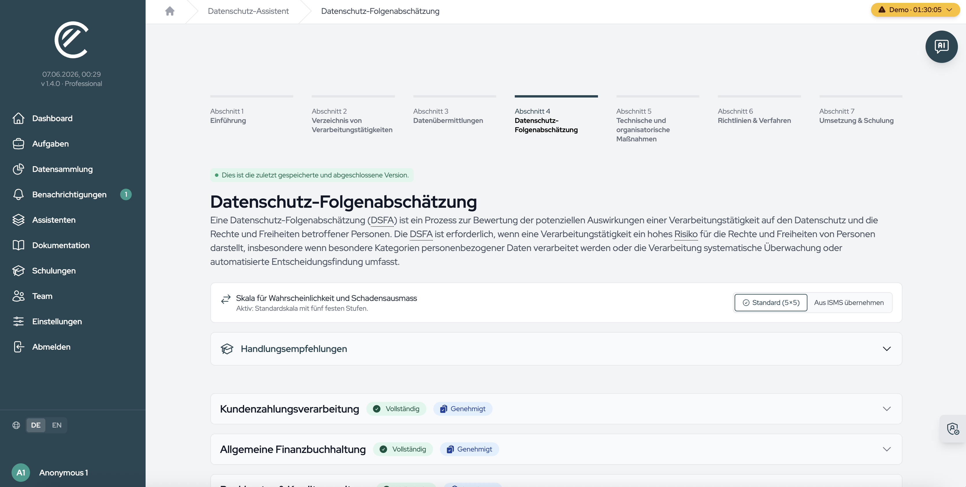 The DPIA page with the activities requiring a DPIA and their status indicators.
