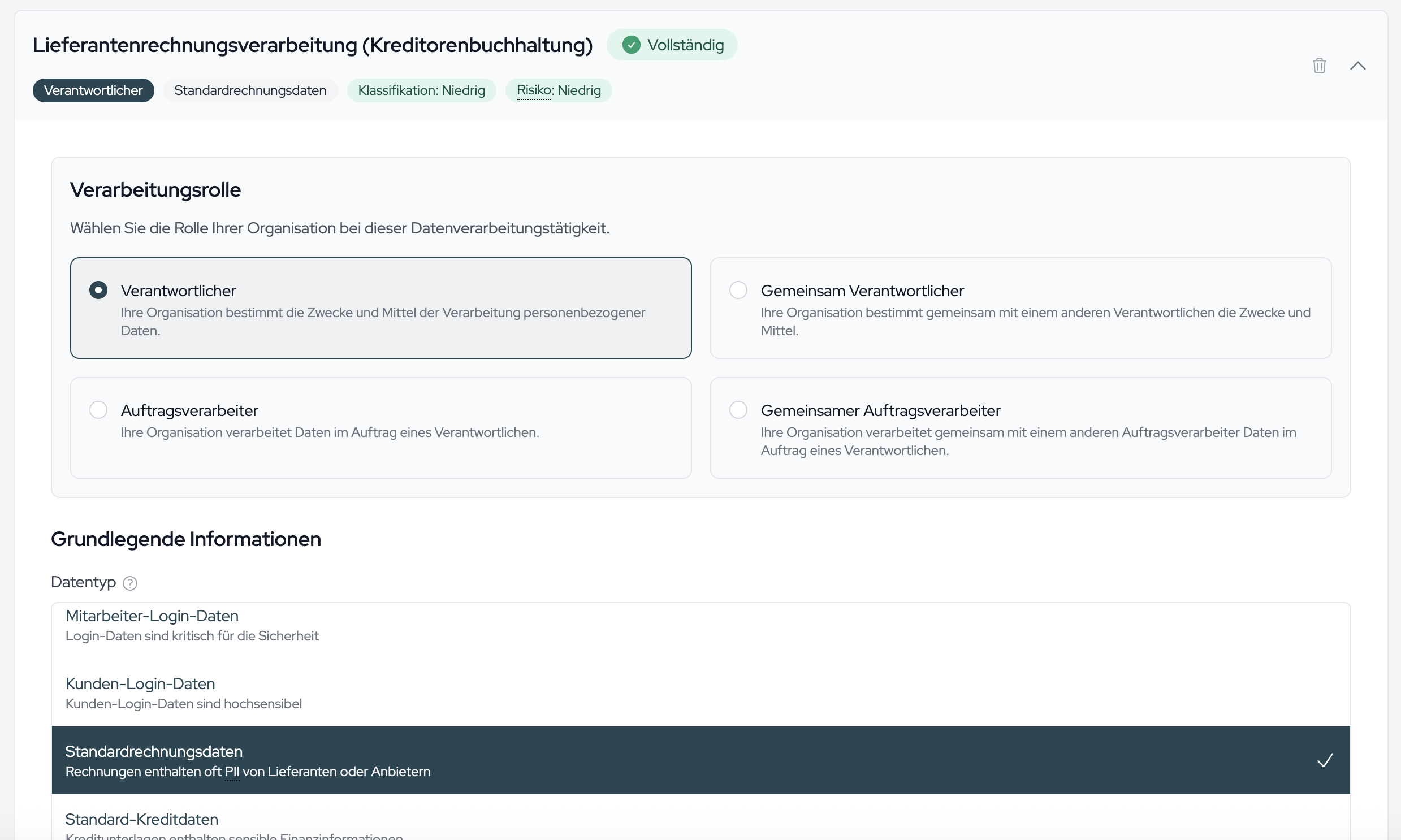 The form with processing role, basic information, data categories and retention.