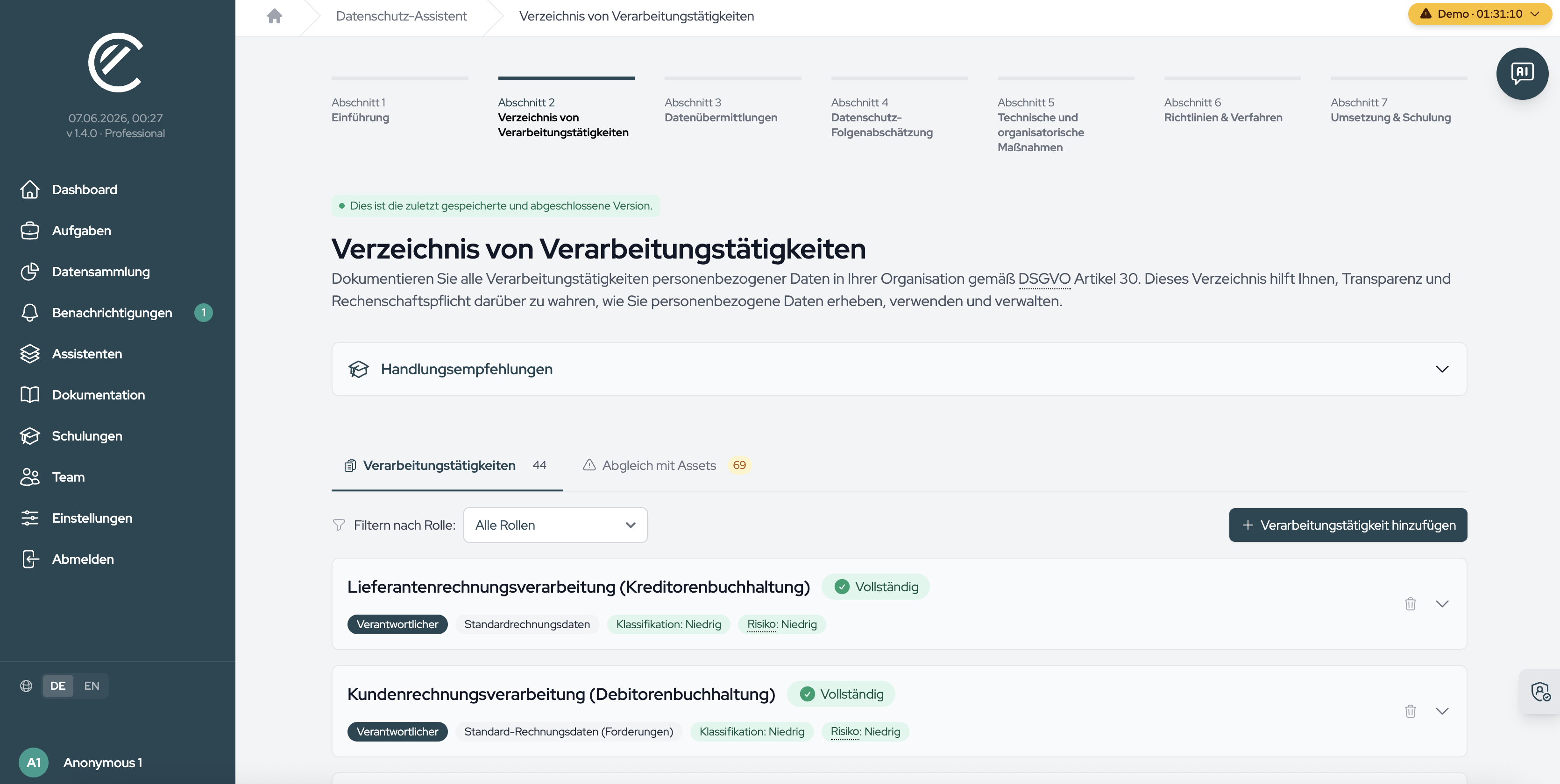 The ROPA page with the “Processing activities” and “Asset coverage” tabs and the “Add Processing Activity” button.