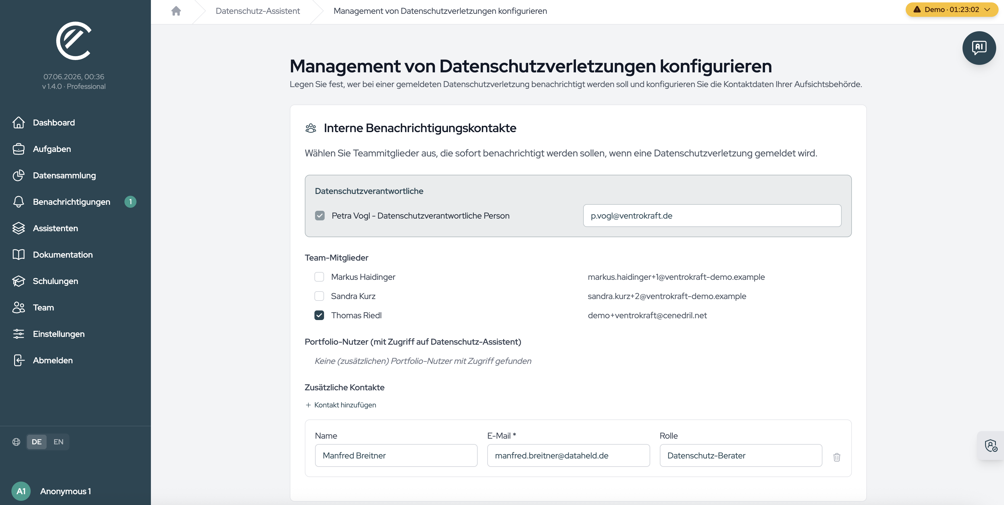The breach management configuration page with the internal notification contacts.