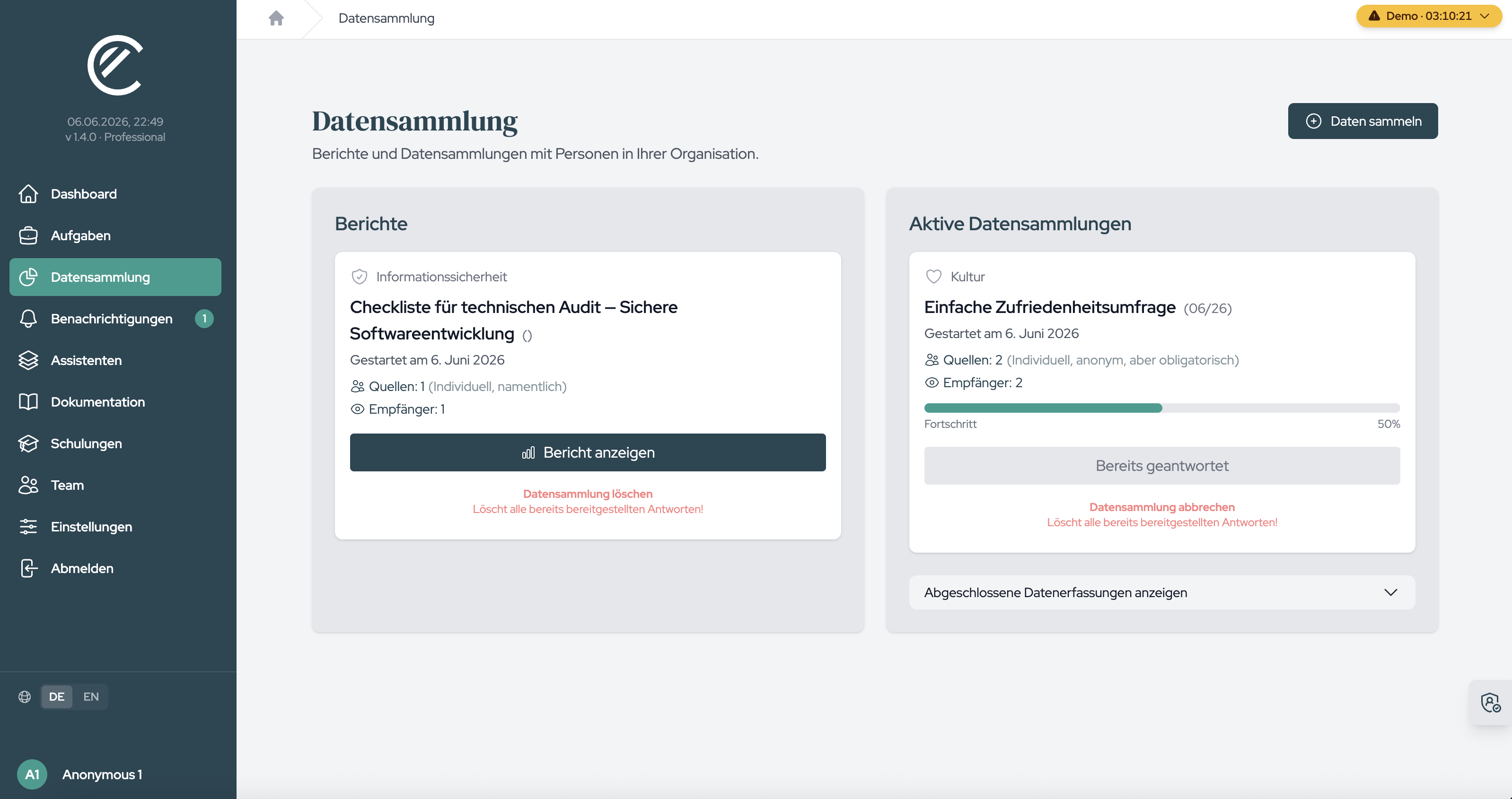 The Reports page with finished reports, active data collections and the “Create New Collection” button.