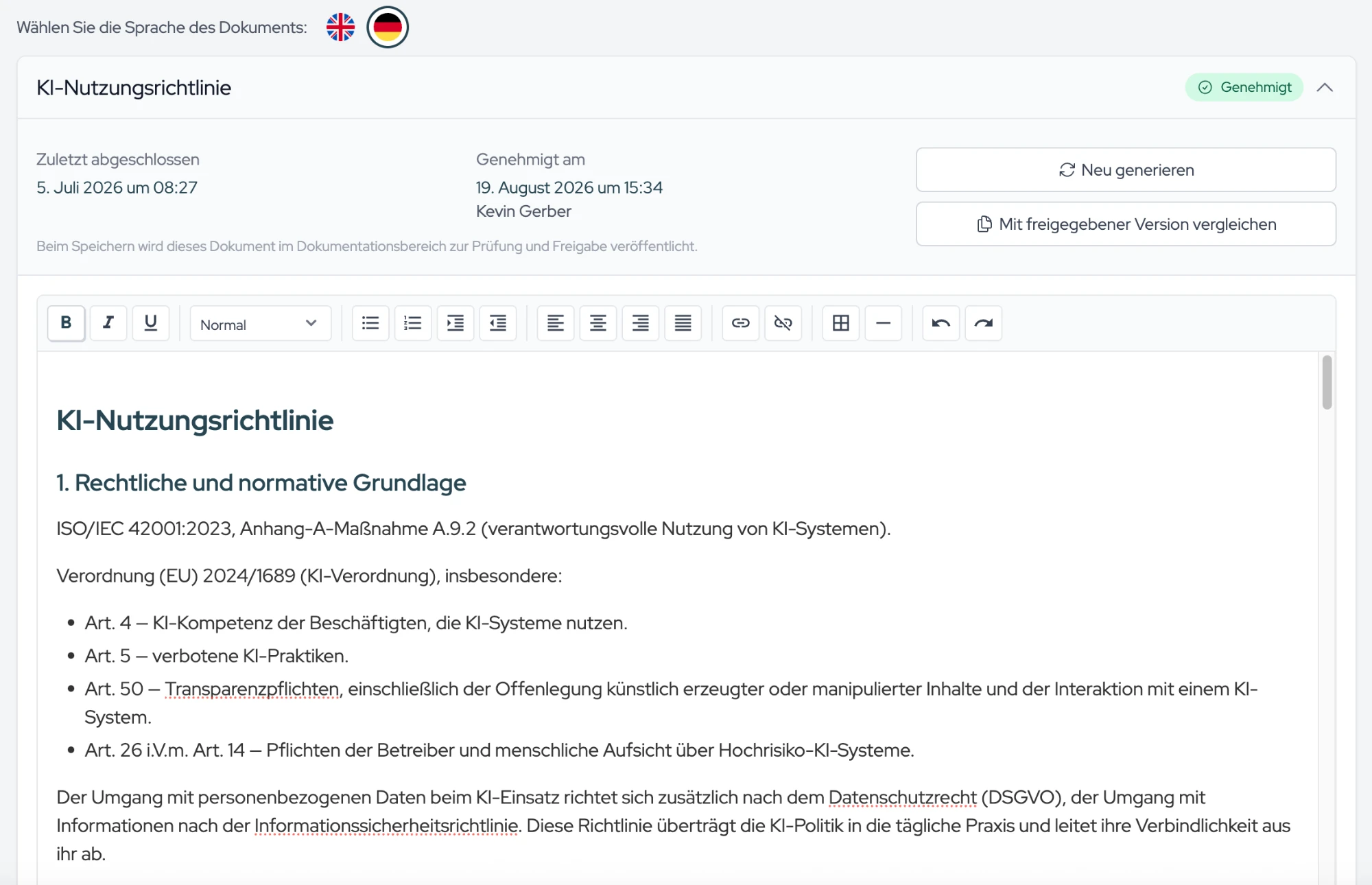 A wizard step: the badge sits in the card header and the editor carries no buttons. You save at the bottom of the page.