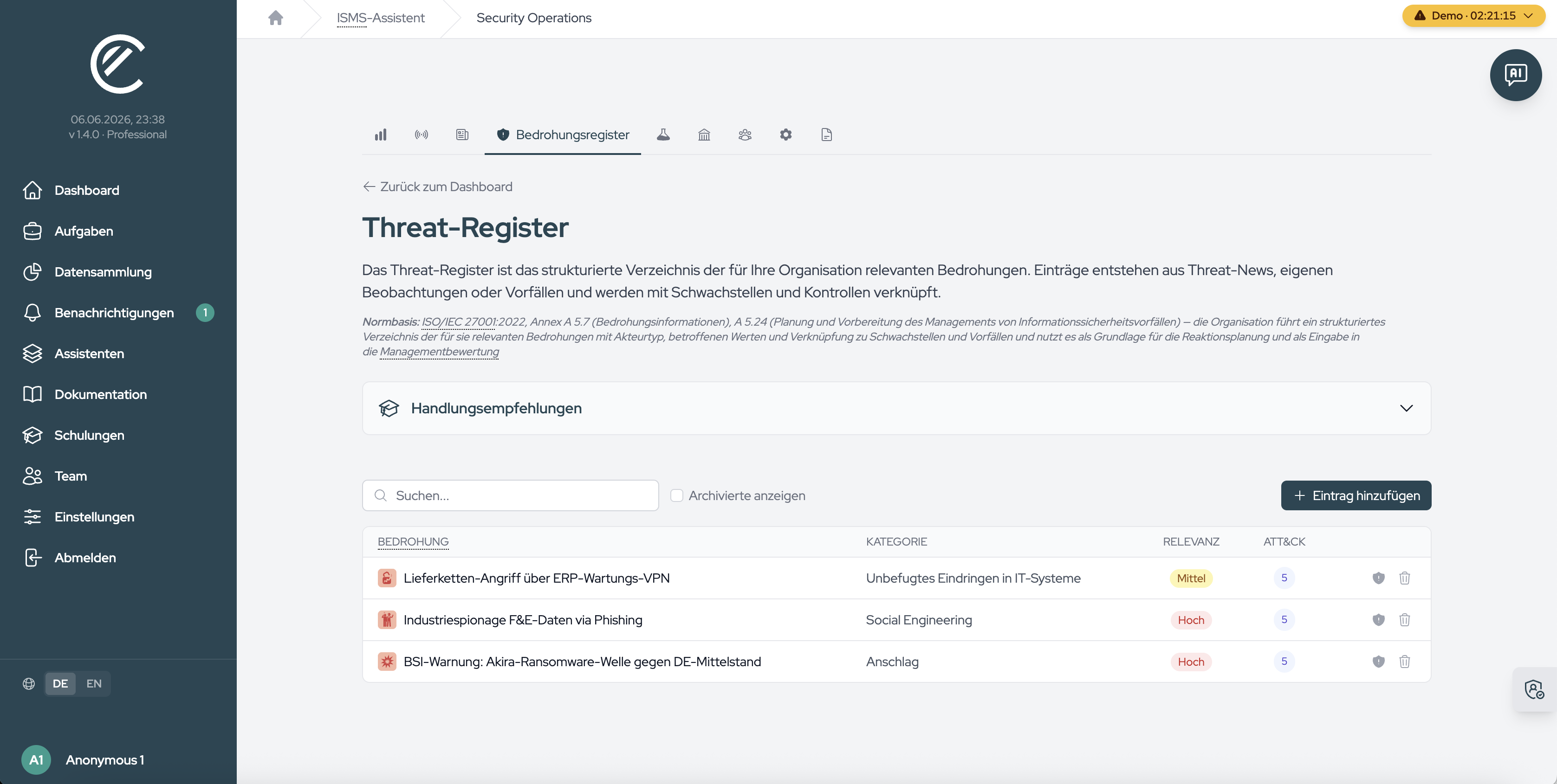 Das Bedrohungsregister mit der Spalte „ATT&CK“ je Bedrohung.