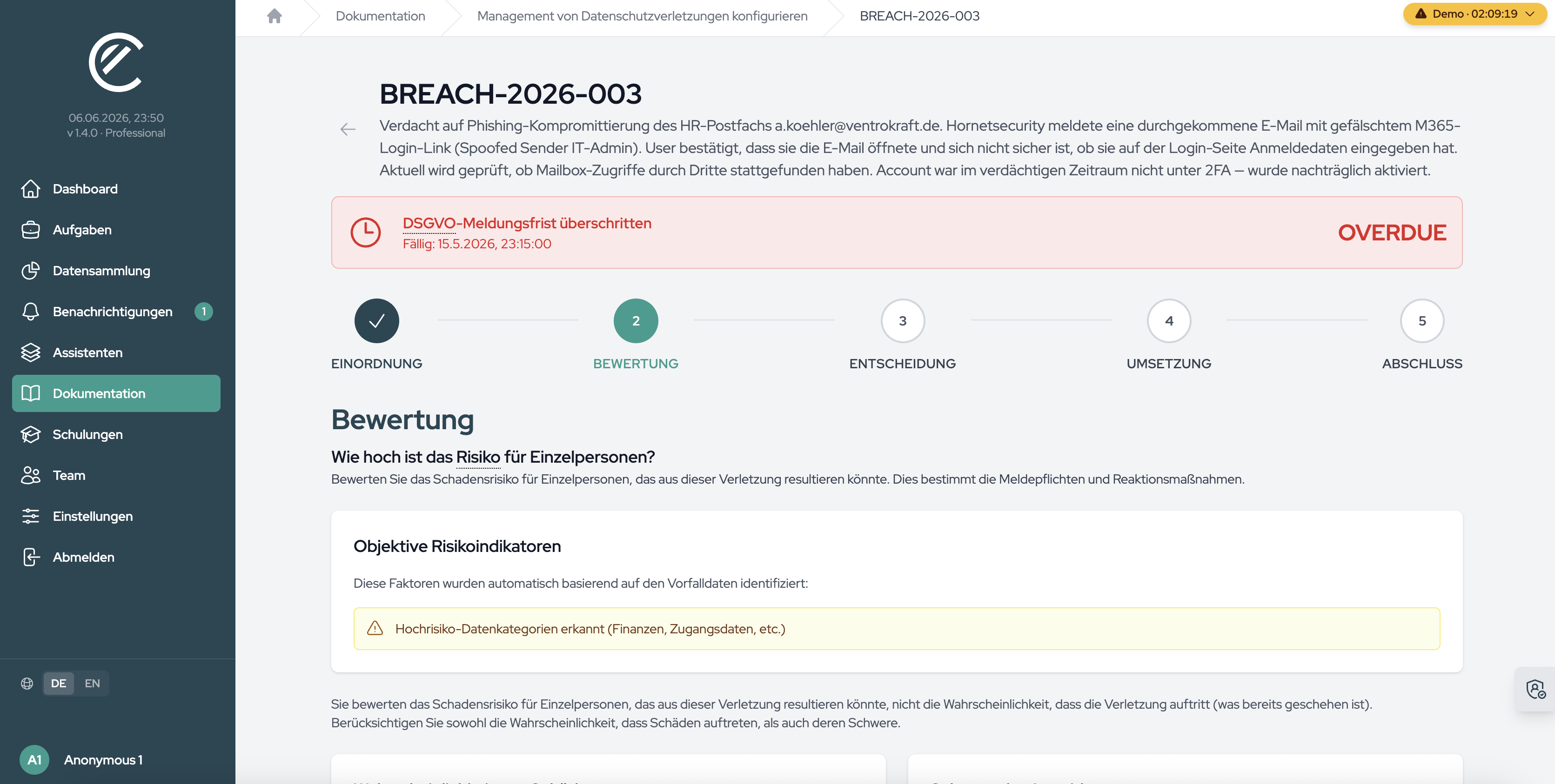 The assessment combines likelihood and severity into a risk level and shows automatically detected risk indicators.