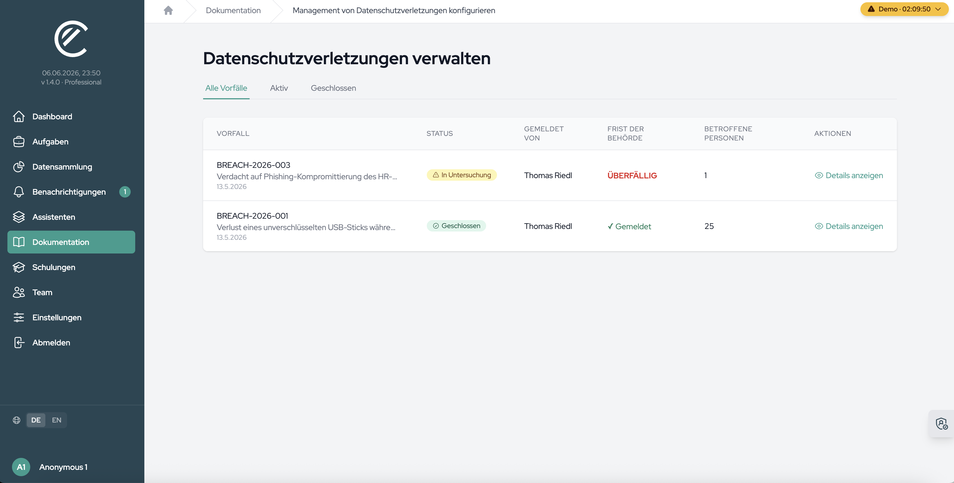 The overview shows incident, status, reported by, authority deadline and affected persons. A tight deadline appears red, an elapsed one as “OVERDUE”.