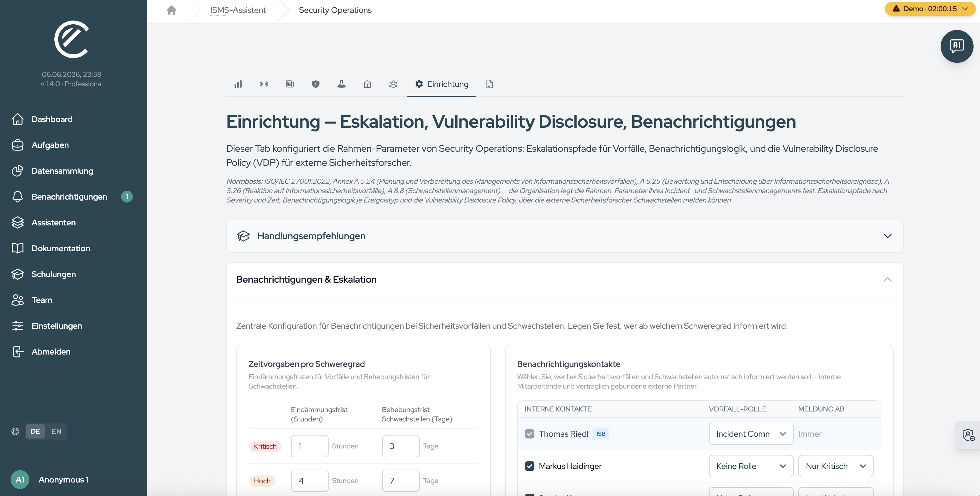 Der Reiter „Einrichtung“ in den Security Operations mit den Abschnitten für Benachrichtigungen, Vorfallmanagement und das Schwachstellenmeldungsportal.