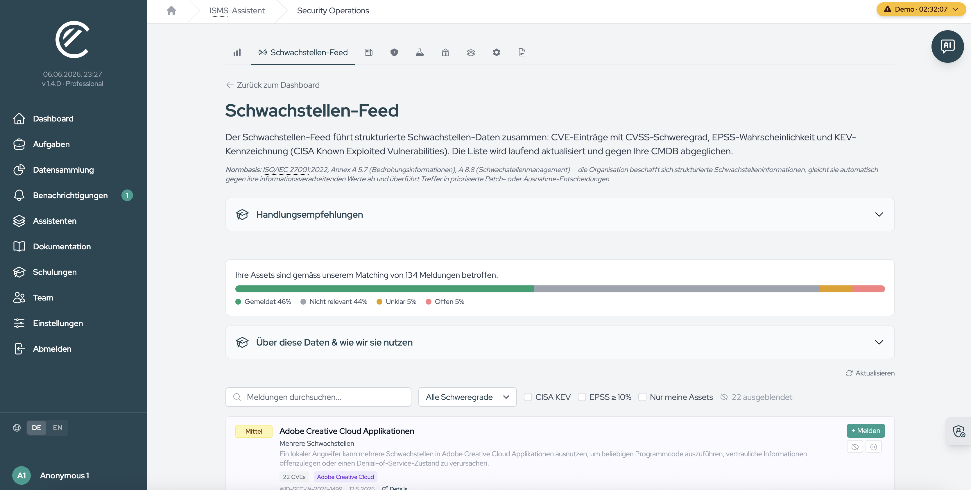 Each advisory offers “Report” to create a vulnerability instance, plus the “Not relevant” and “Unclear” markers.