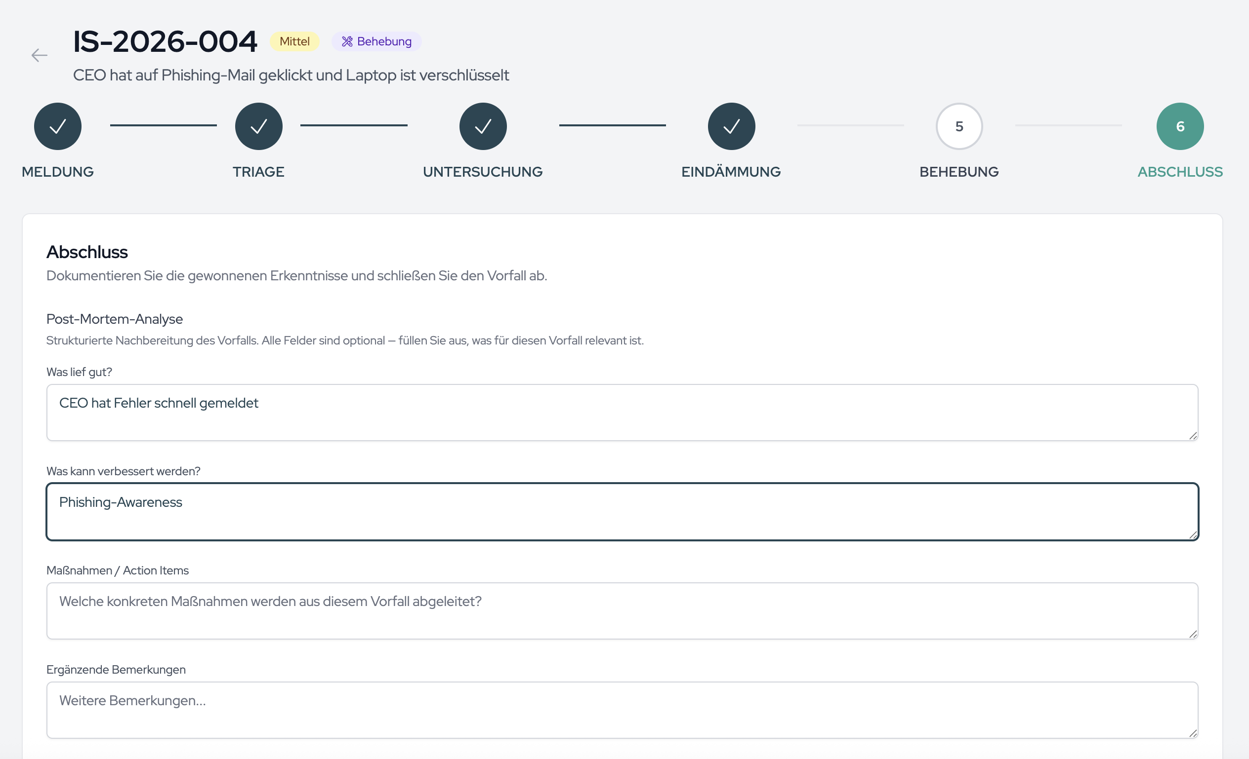 The closure stage with the incident documentation summary and the “Close Incident & Create Record” button.