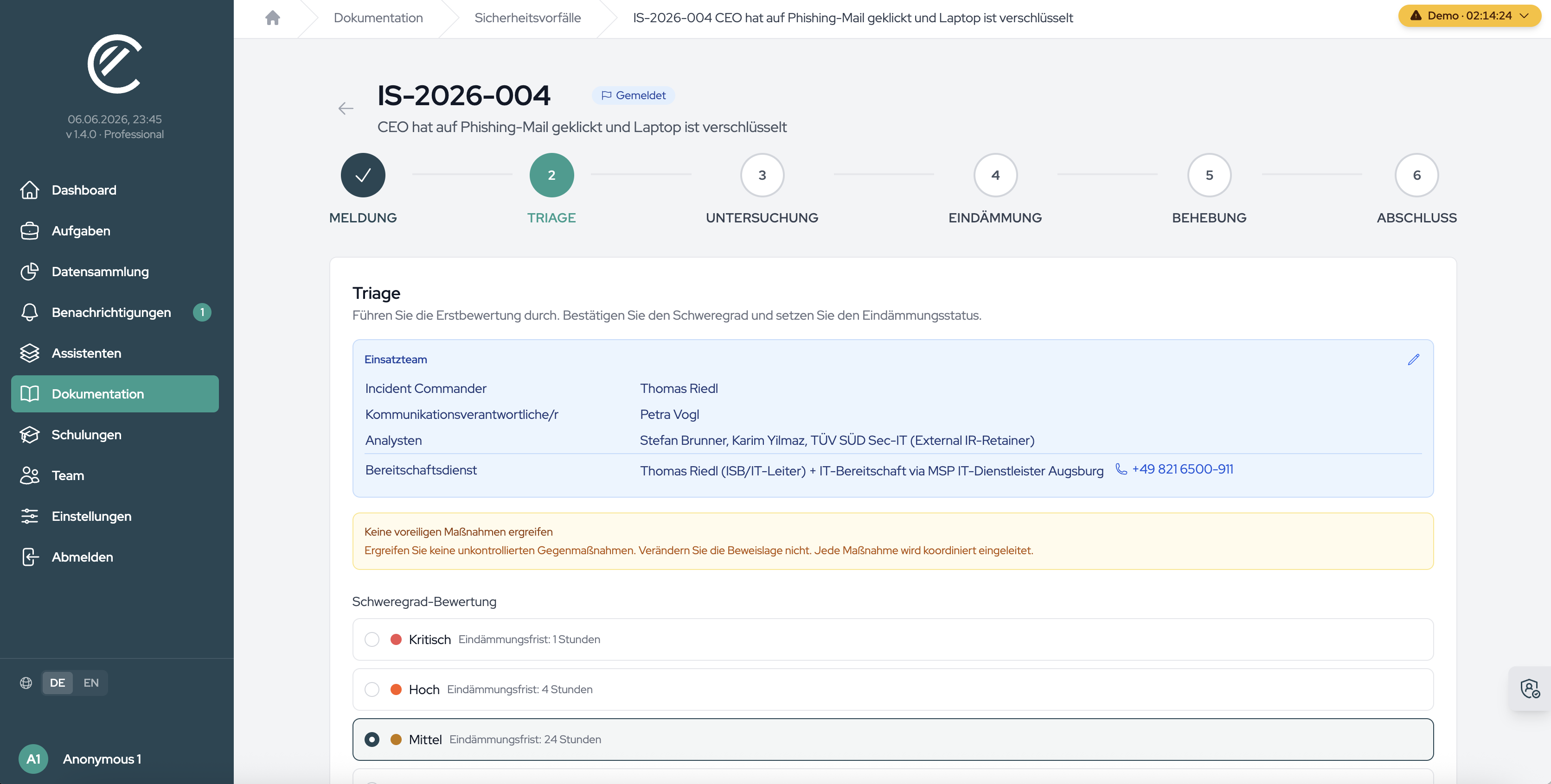 The triage stage with the severity assessment, containment status and, for NIS-2, the reporting-obligation assessment.