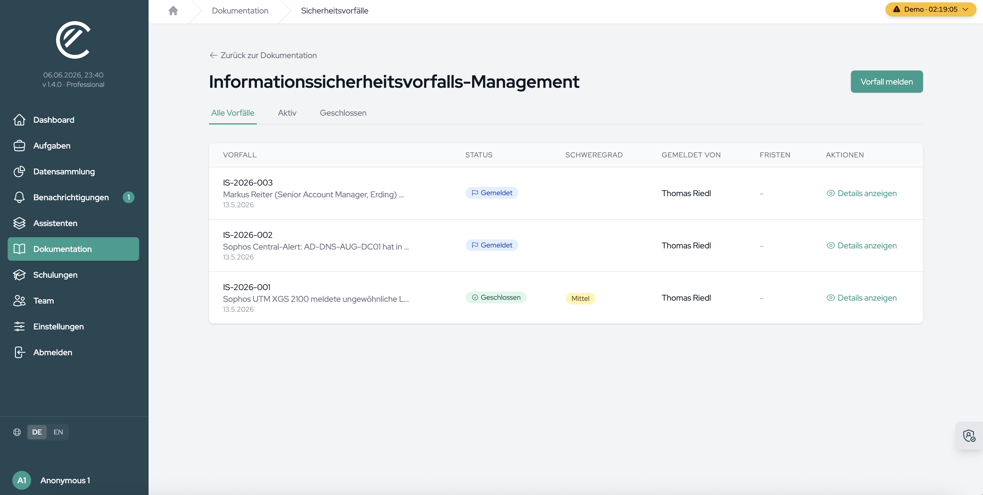 The incident list with the “All Incidents”, “Active” and “Closed” tabs and the “Report Incident” button.