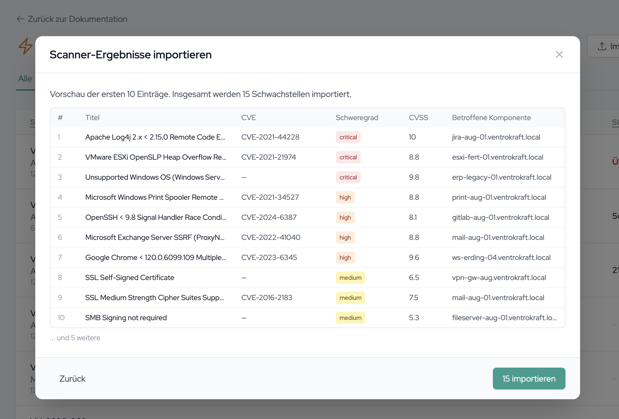 The preview of the first entries before import, with title, CVE, severity and component.