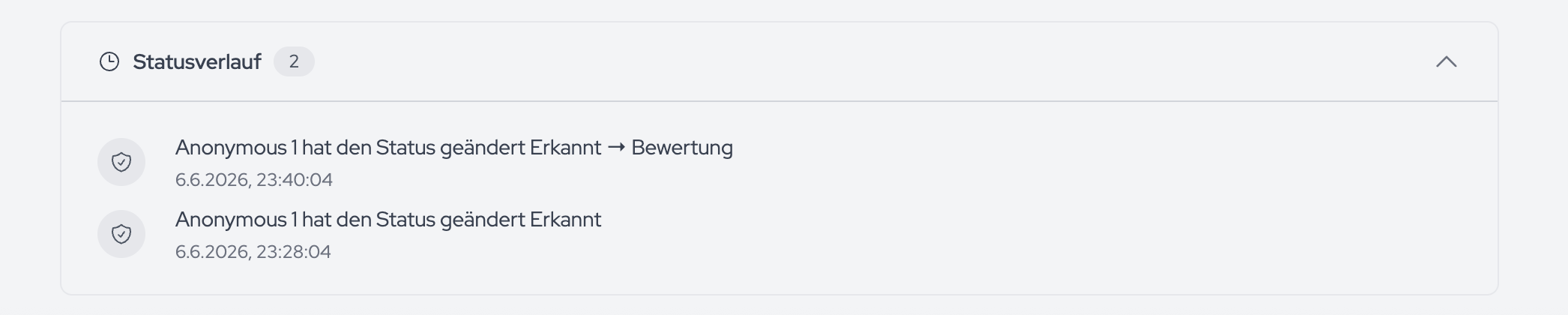 Der Statusverlauf dokumentiert jede Statusänderung mit Person und Zeitstempel.