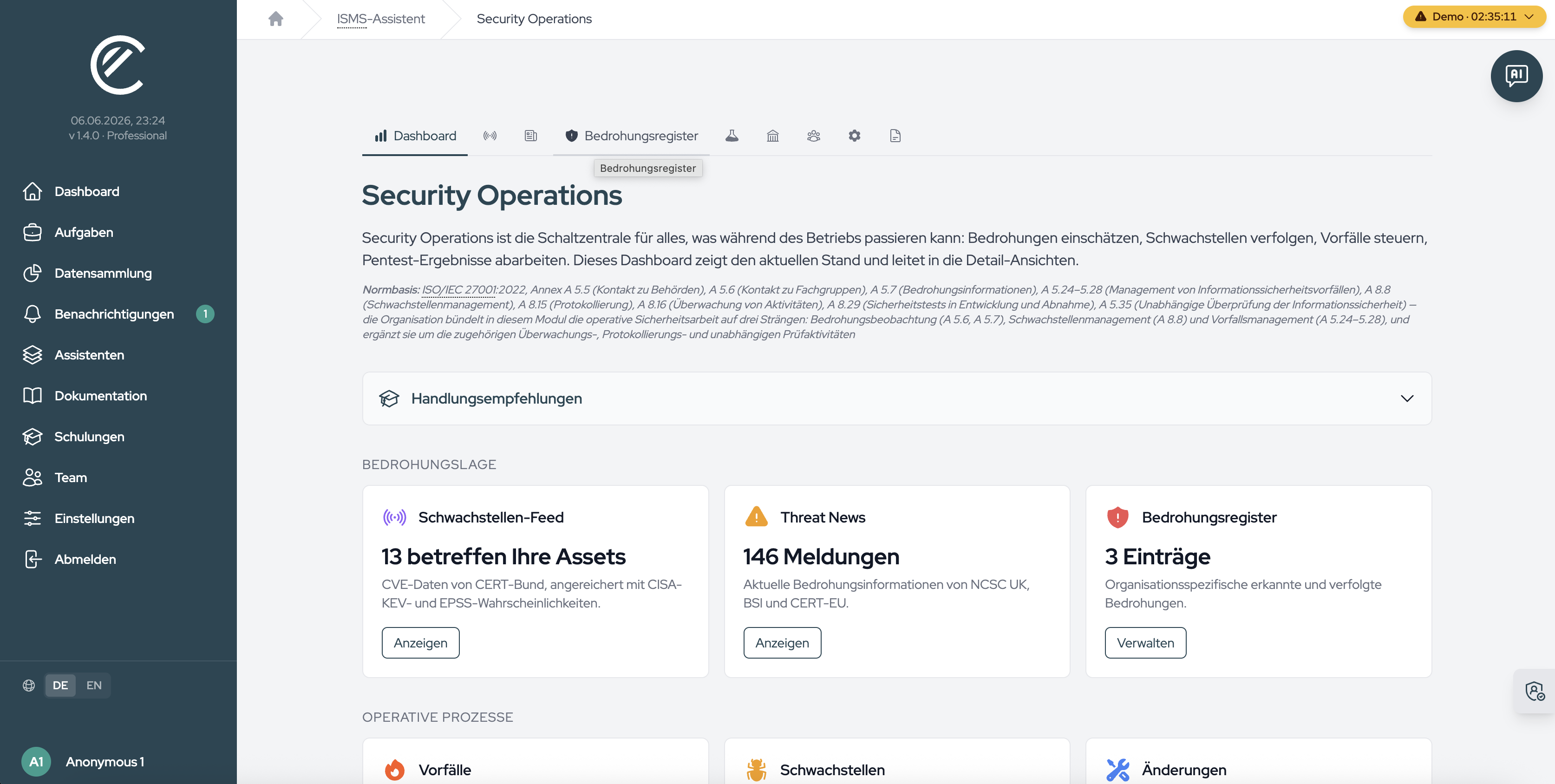 The Security Operations page with the “Vulnerability Feed”, “Threat News”, and “Threat Register” tabs.
