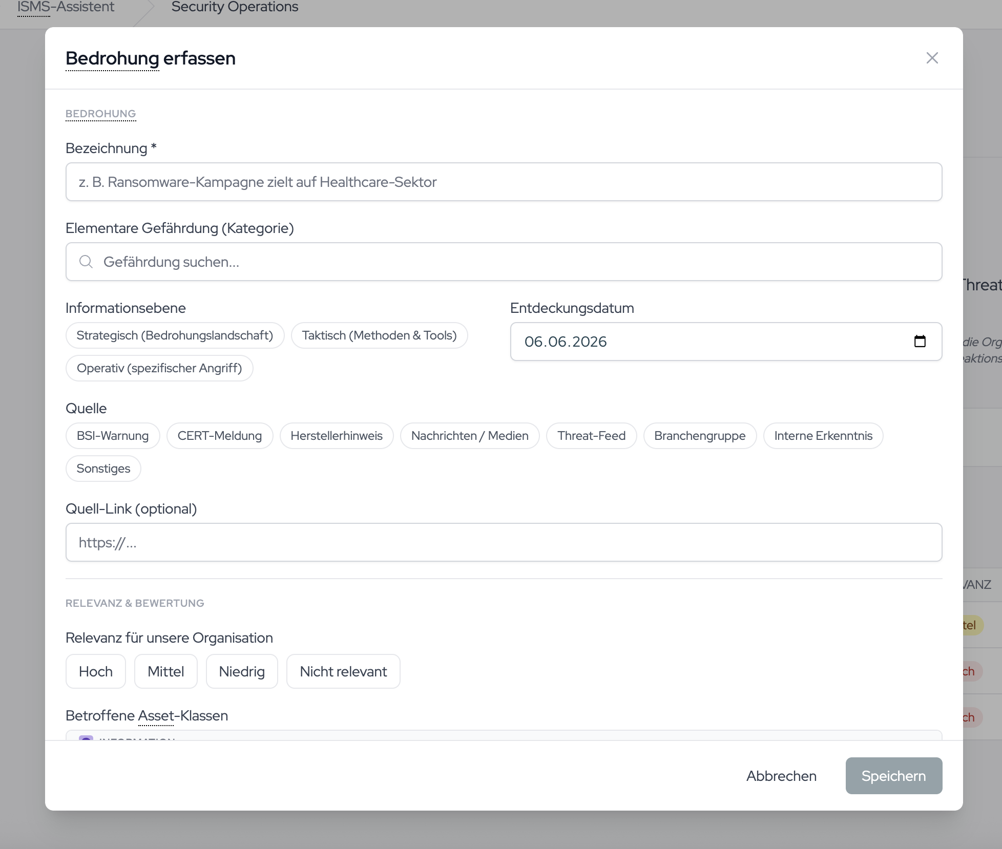 The “Log threat” dialog with title, elementary threat, intelligence layer, source, and discovery date.