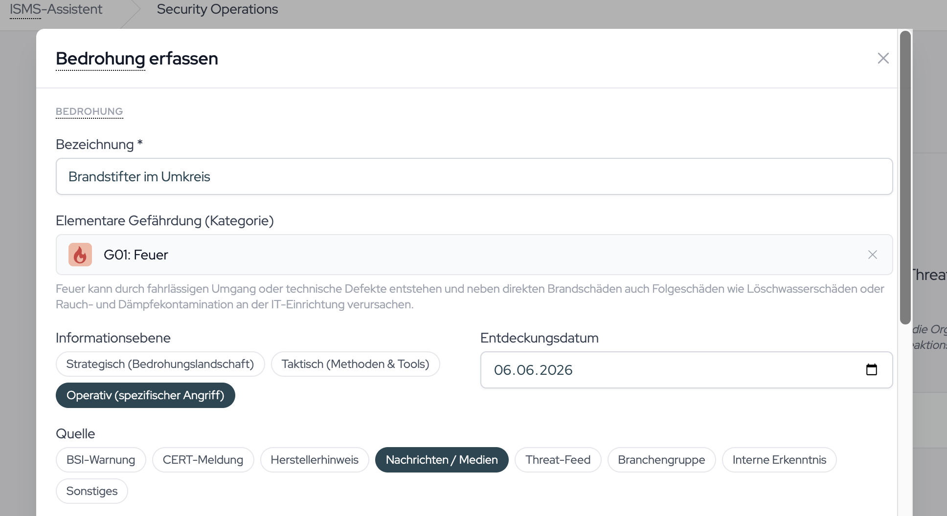 The vulnerabilities matching the selected threat, with those carrying an existing risk link listed first.