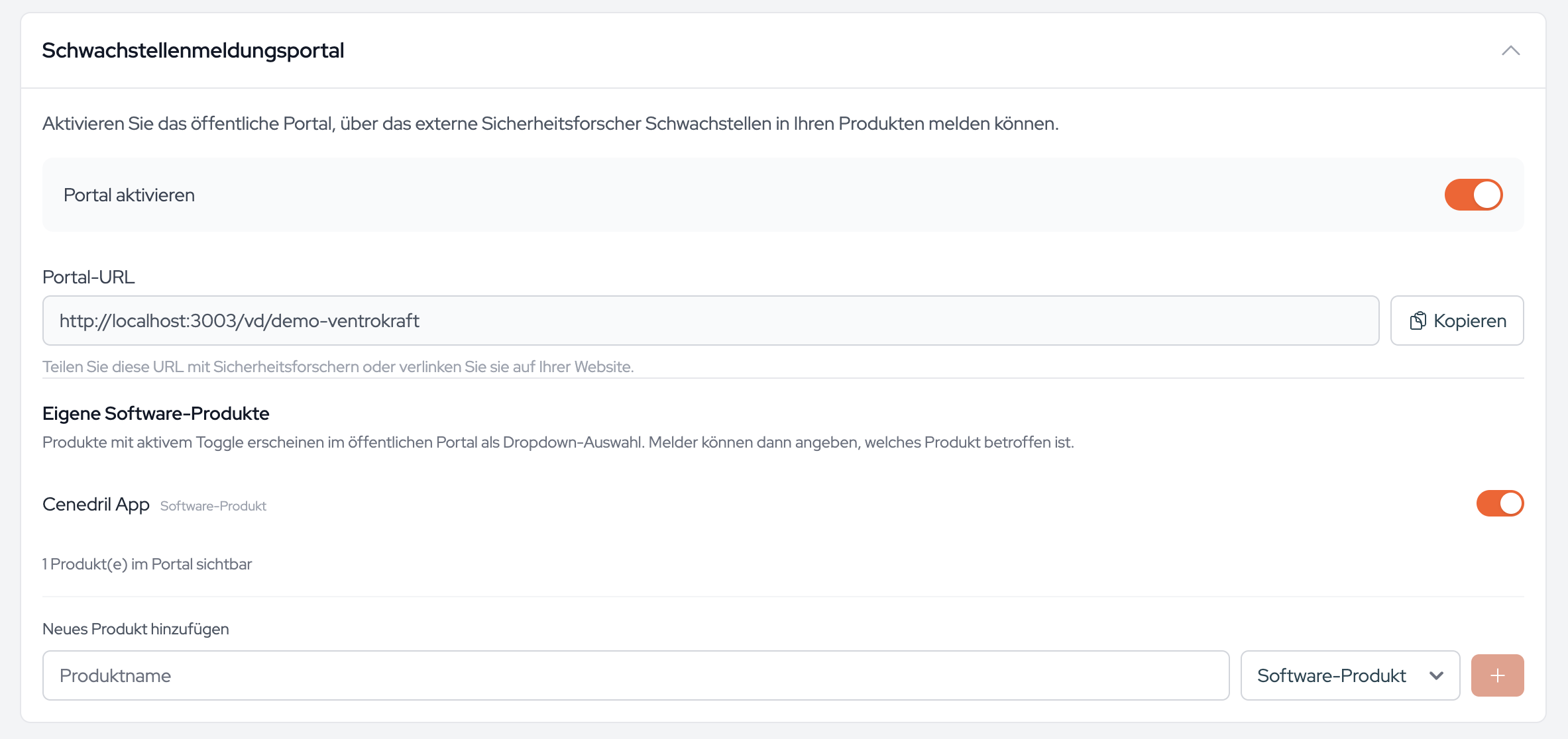 Der Schalter „Portal aktivieren“ und die darunter eingeblendete Portal-URL.