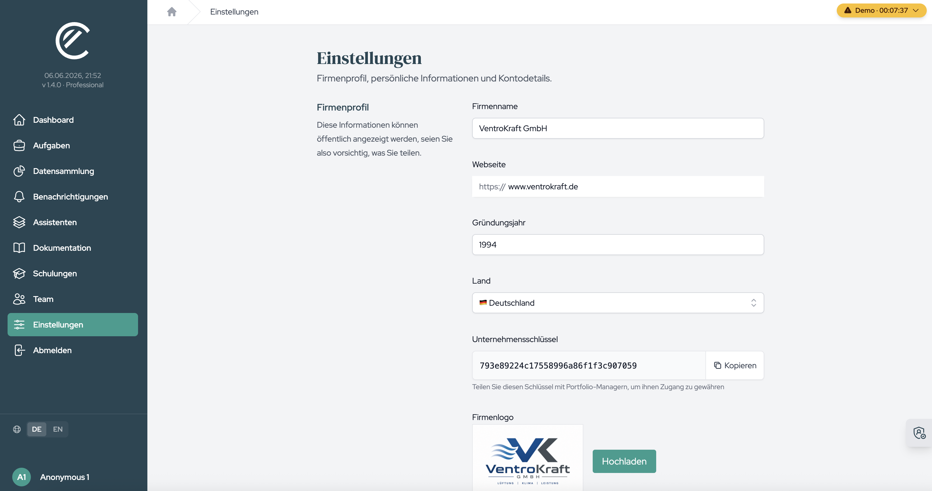 Die Einstellungen-Seite mit dem Abschnitt „Persönliche Informationen“.