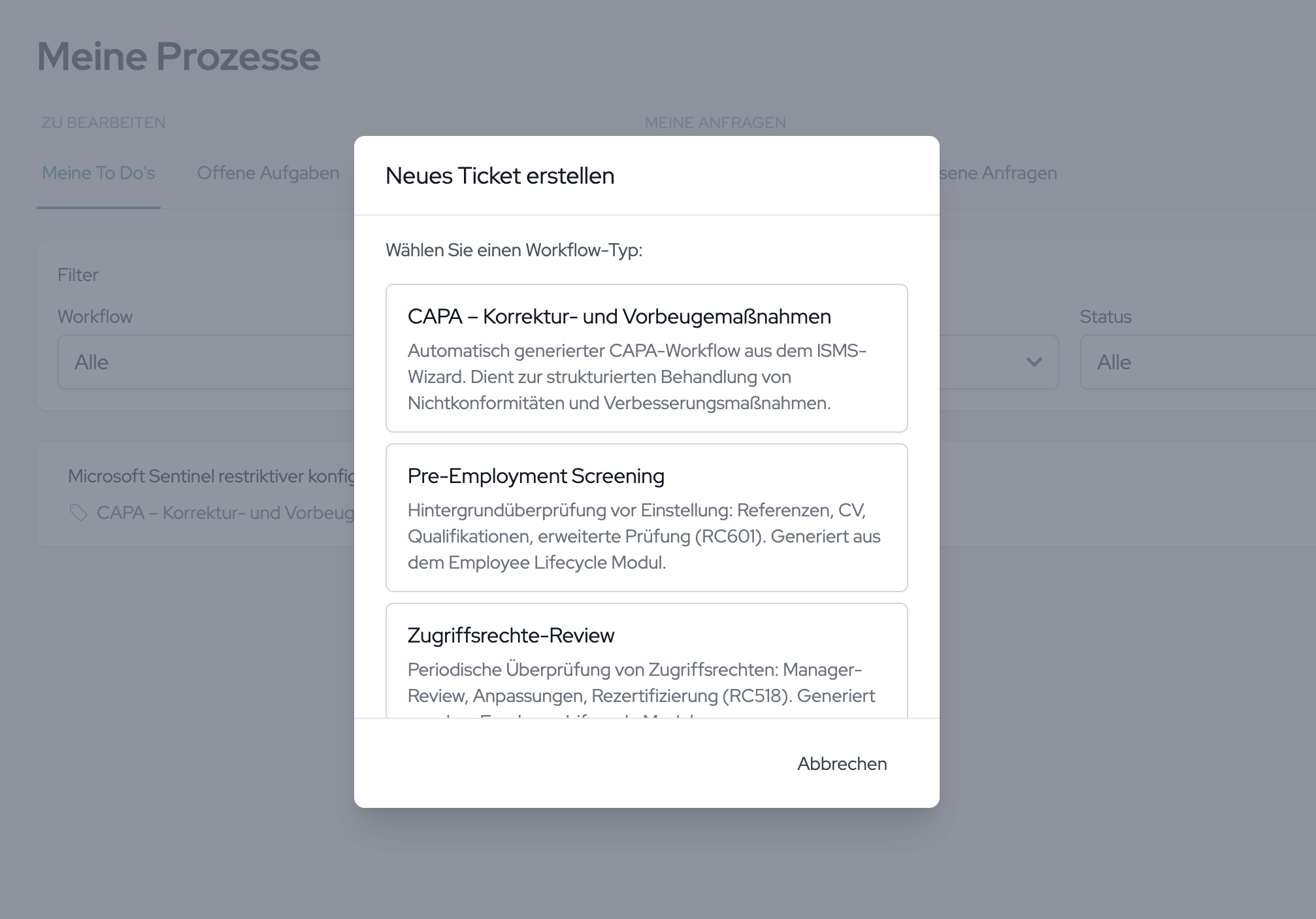 The selection window lists the available workflow types to choose from.