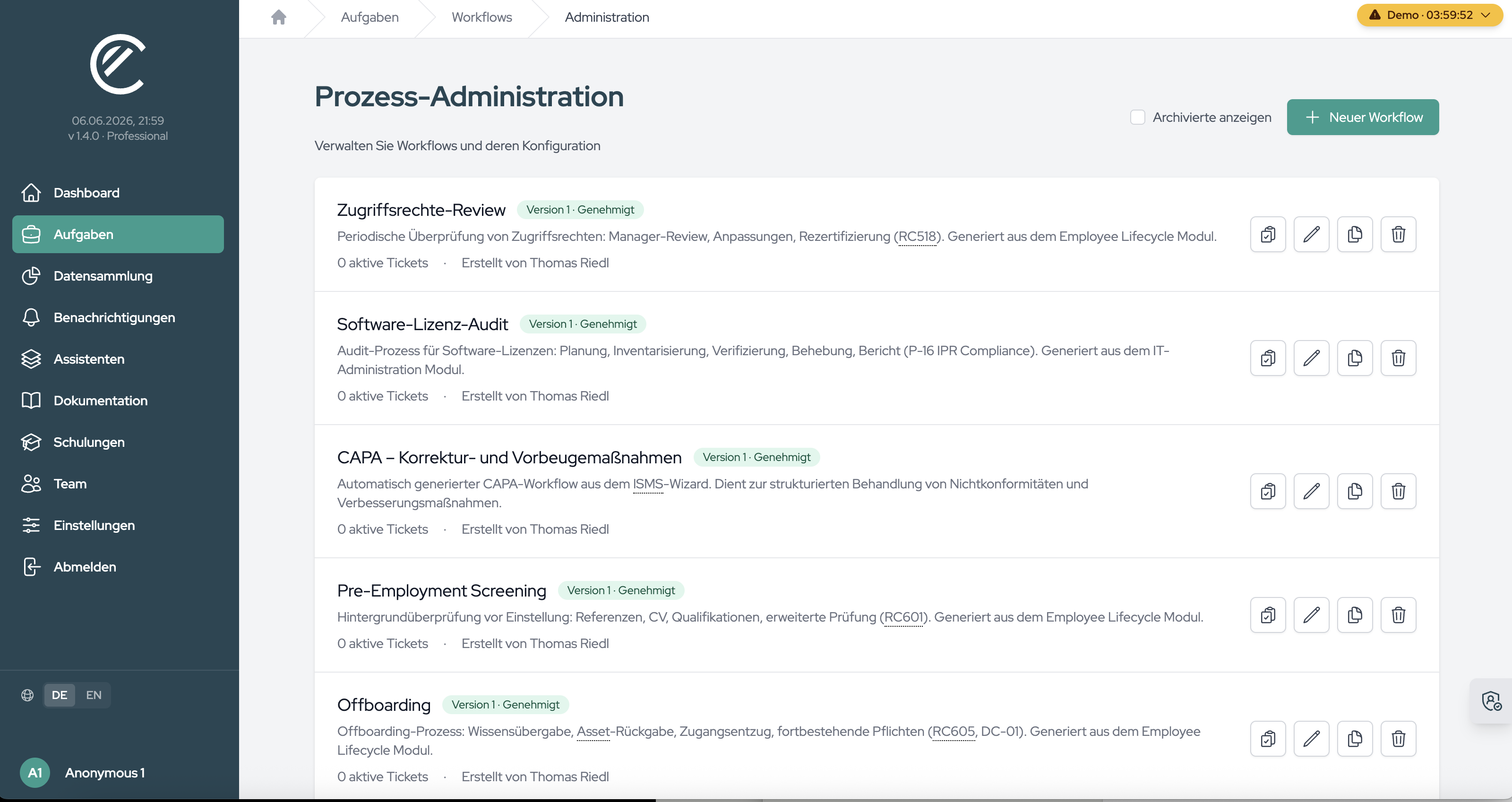 Process Administration with the existing workflows and the “New Workflow” button.