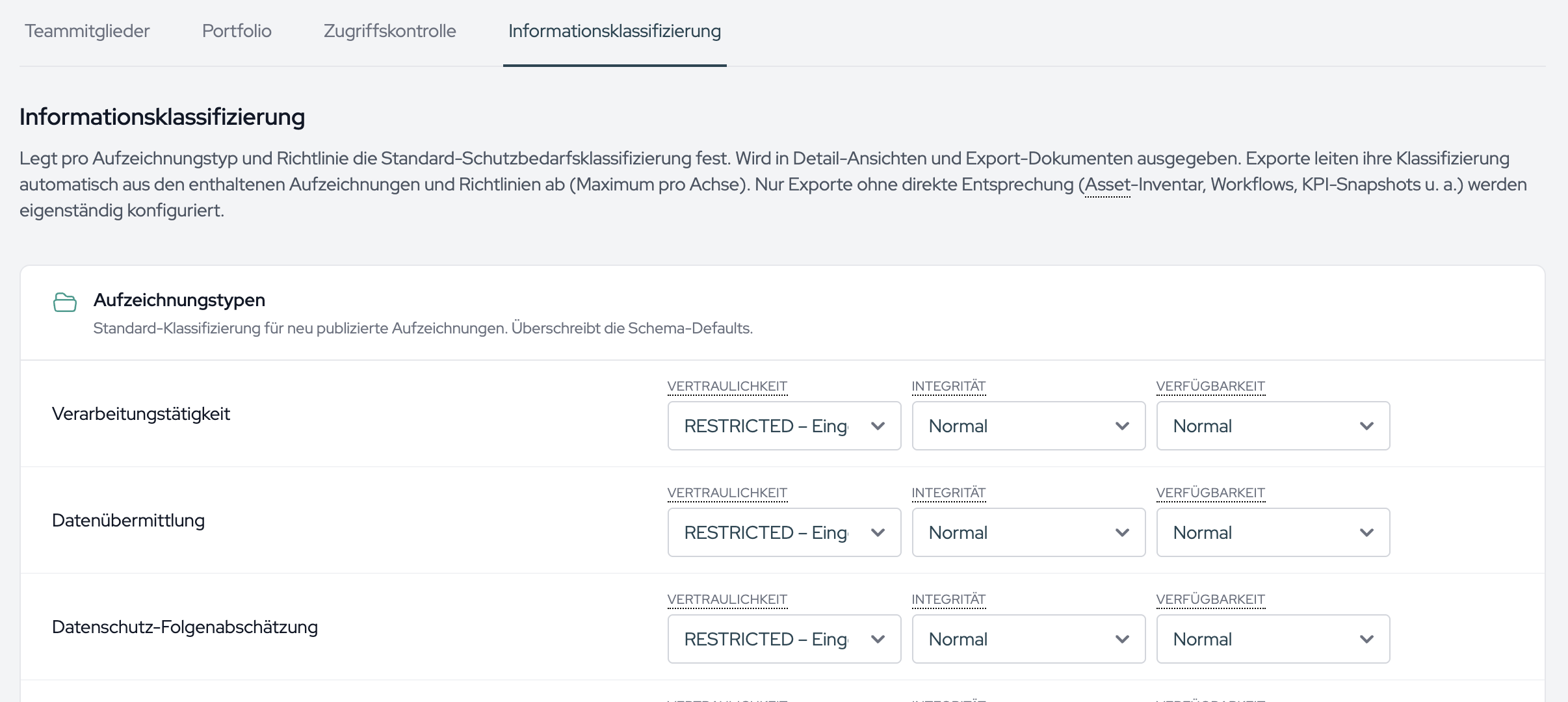 For each row you pick confidentiality, integrity and availability from the three dropdowns.