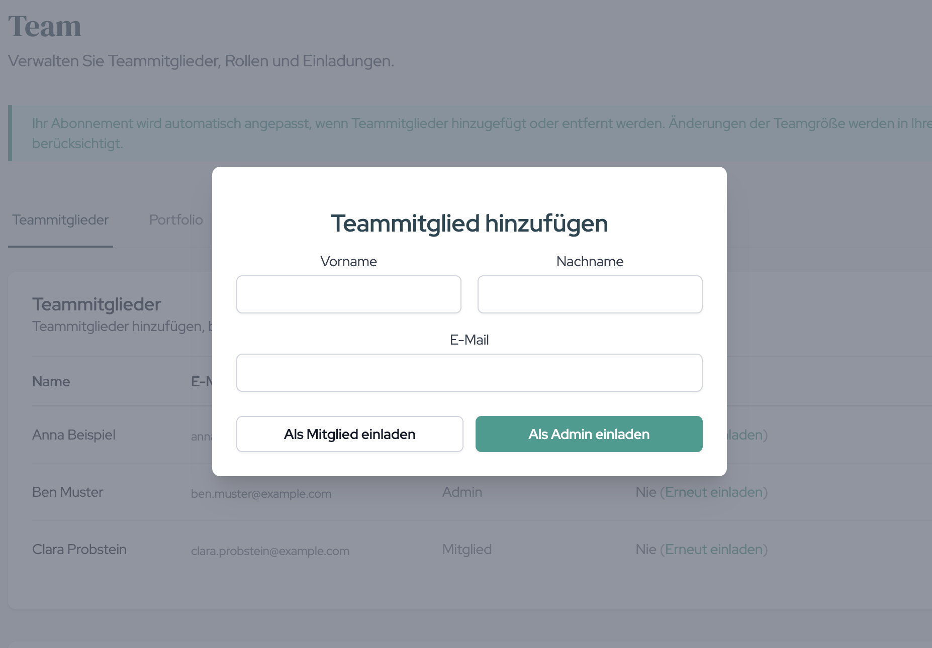 Der Dialog „Teammitglied hinzufügen“ mit Vorname, Nachname, E-Mail und den beiden Einladungs-Schaltflächen.