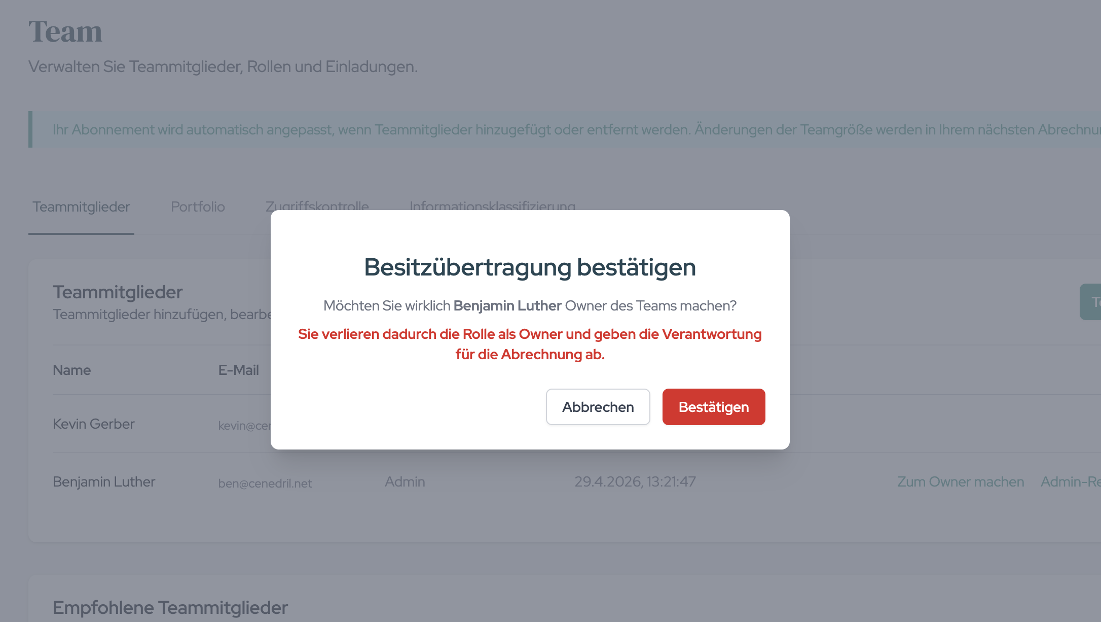 The “Confirm Transfer of Ownership” dialog before handing over the owner role.