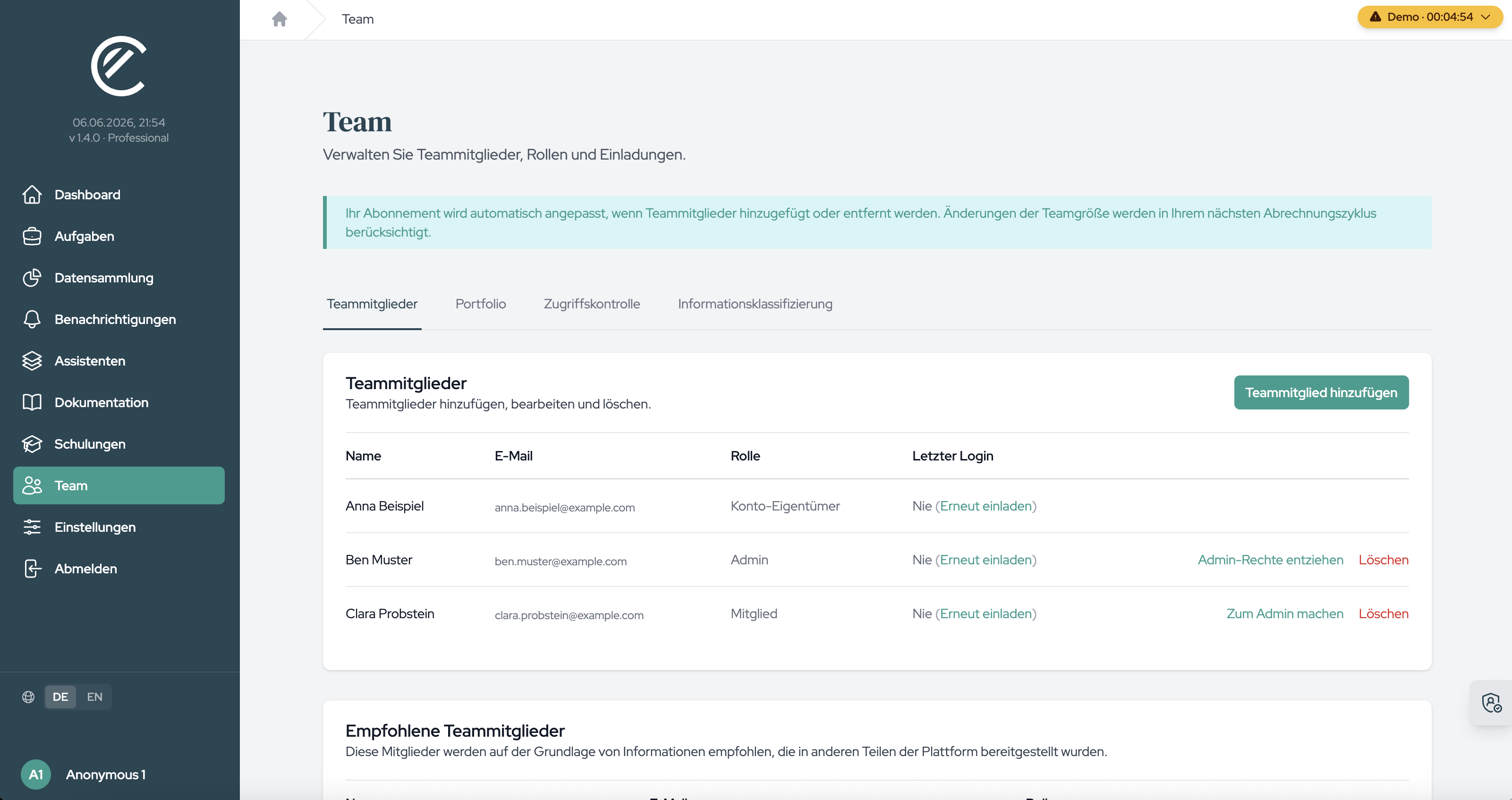 The Team page with its tabs, including “Team members” and “Information classification”.