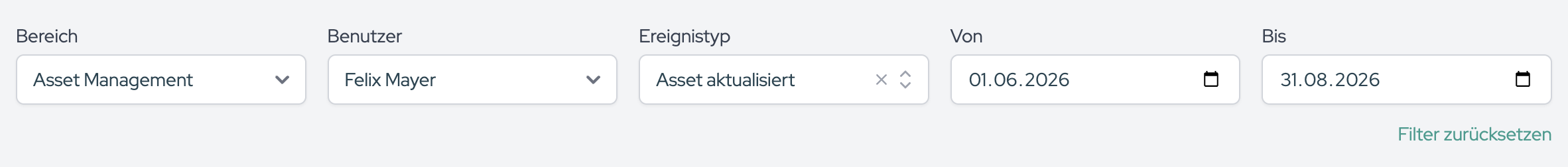 The filter row with Area, User, Event type and the From and To date fields.