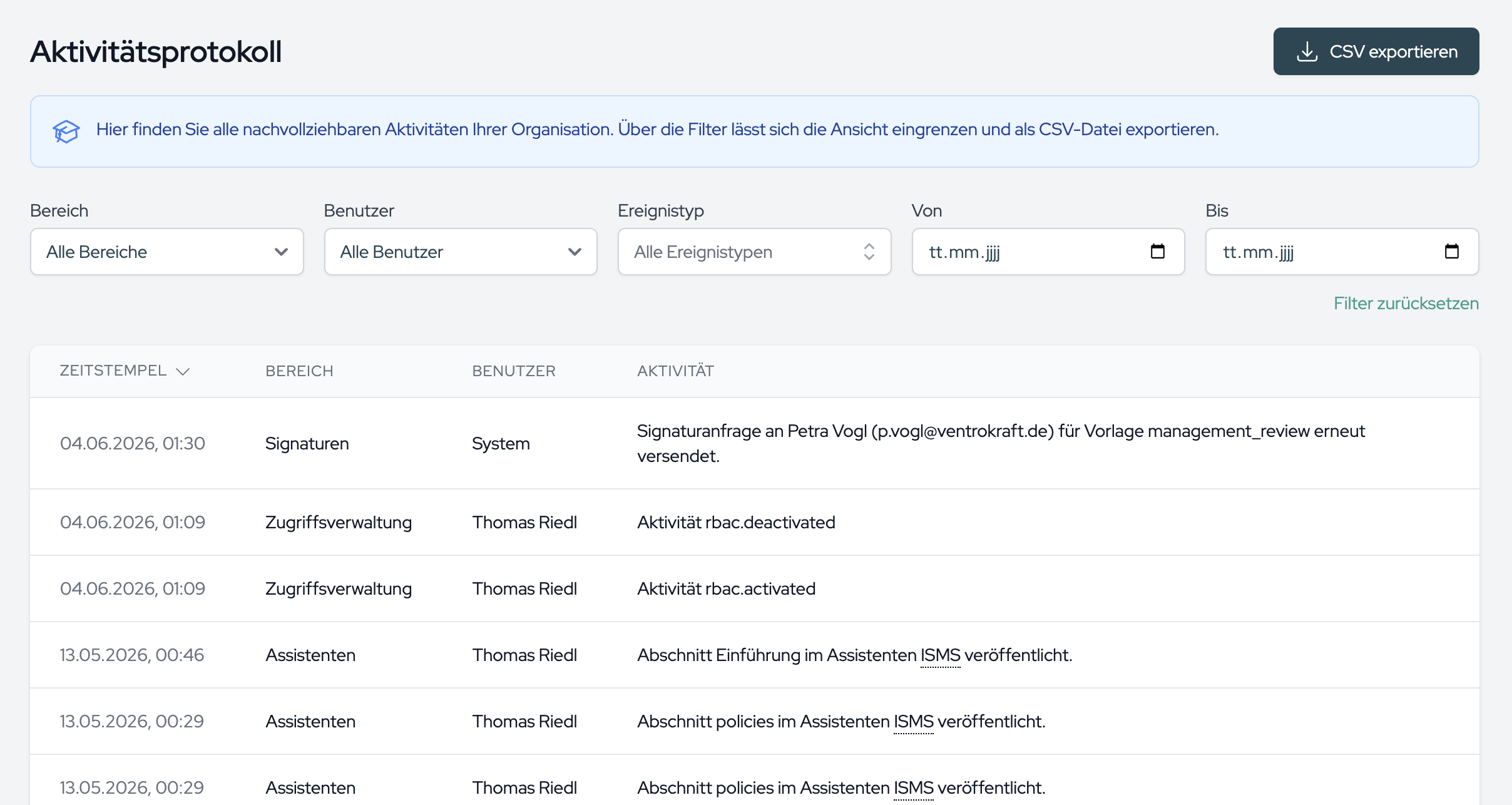 The activity log with the filter row and the table of Timestamp, Area, User and Activity.