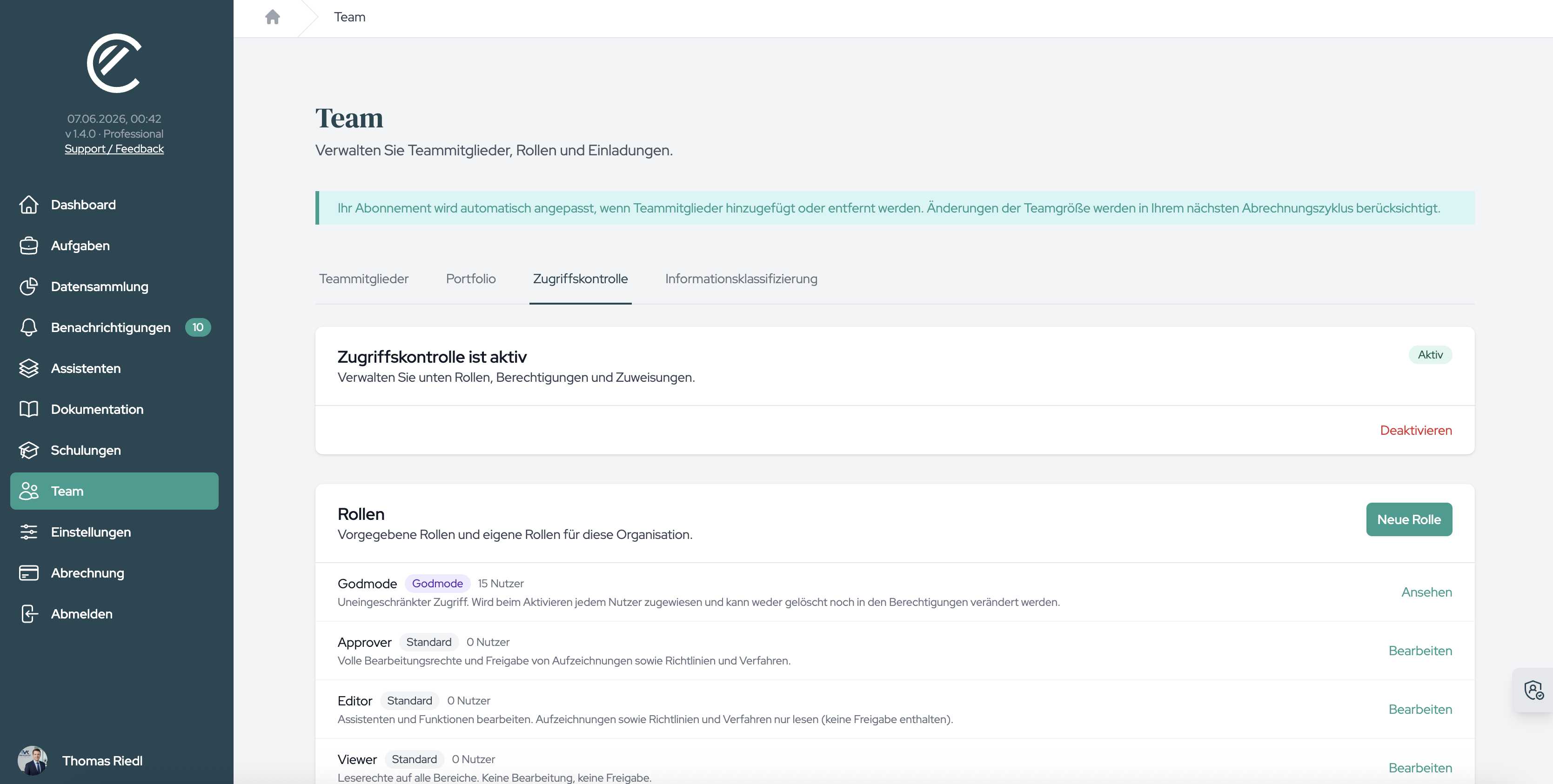 The Team page with the “Access Control” tab next to “Team Members” and “Portfolio”.