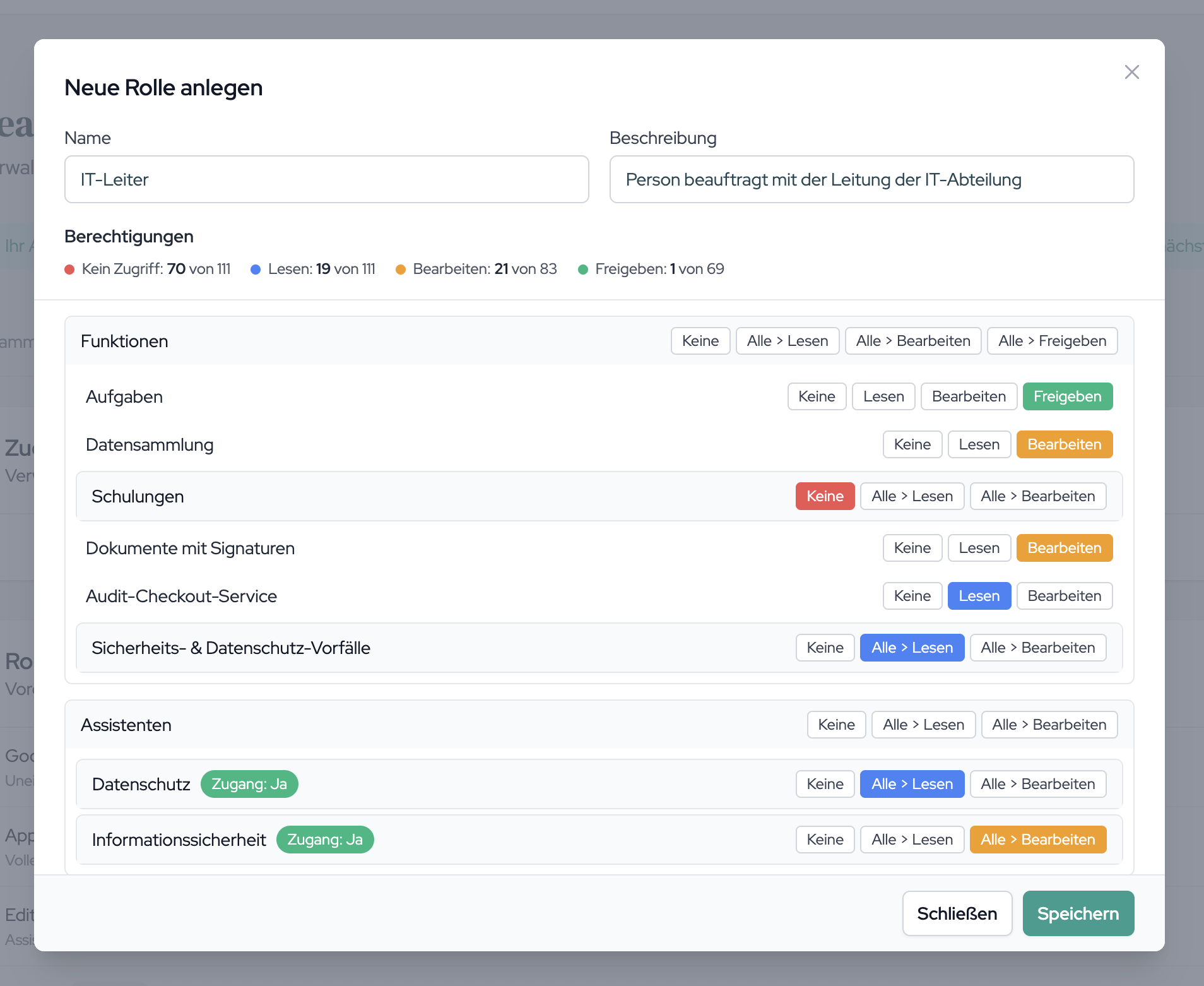 The role editor with name, description and the permission tree including the level summary.