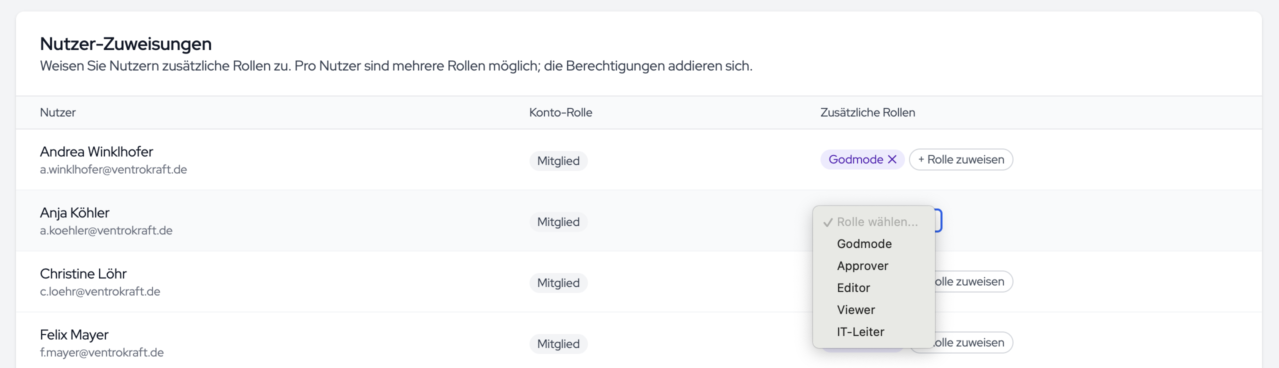 The “User assignments” table with the account role and the additional roles as chips.