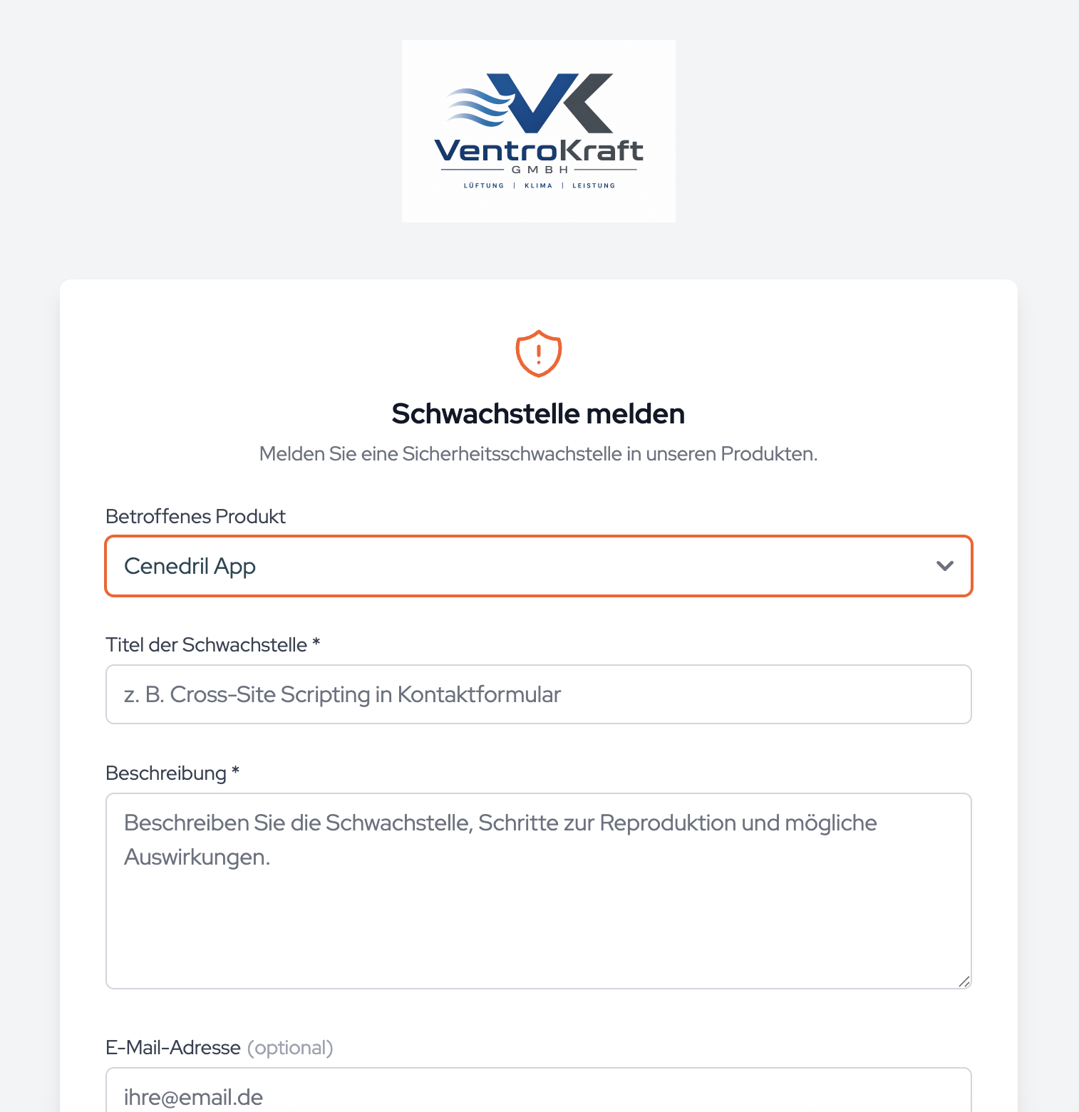Das öffentliche Meldeformular mit Produktauswahl, Titel, Beschreibung und optionaler E-Mail-Adresse.