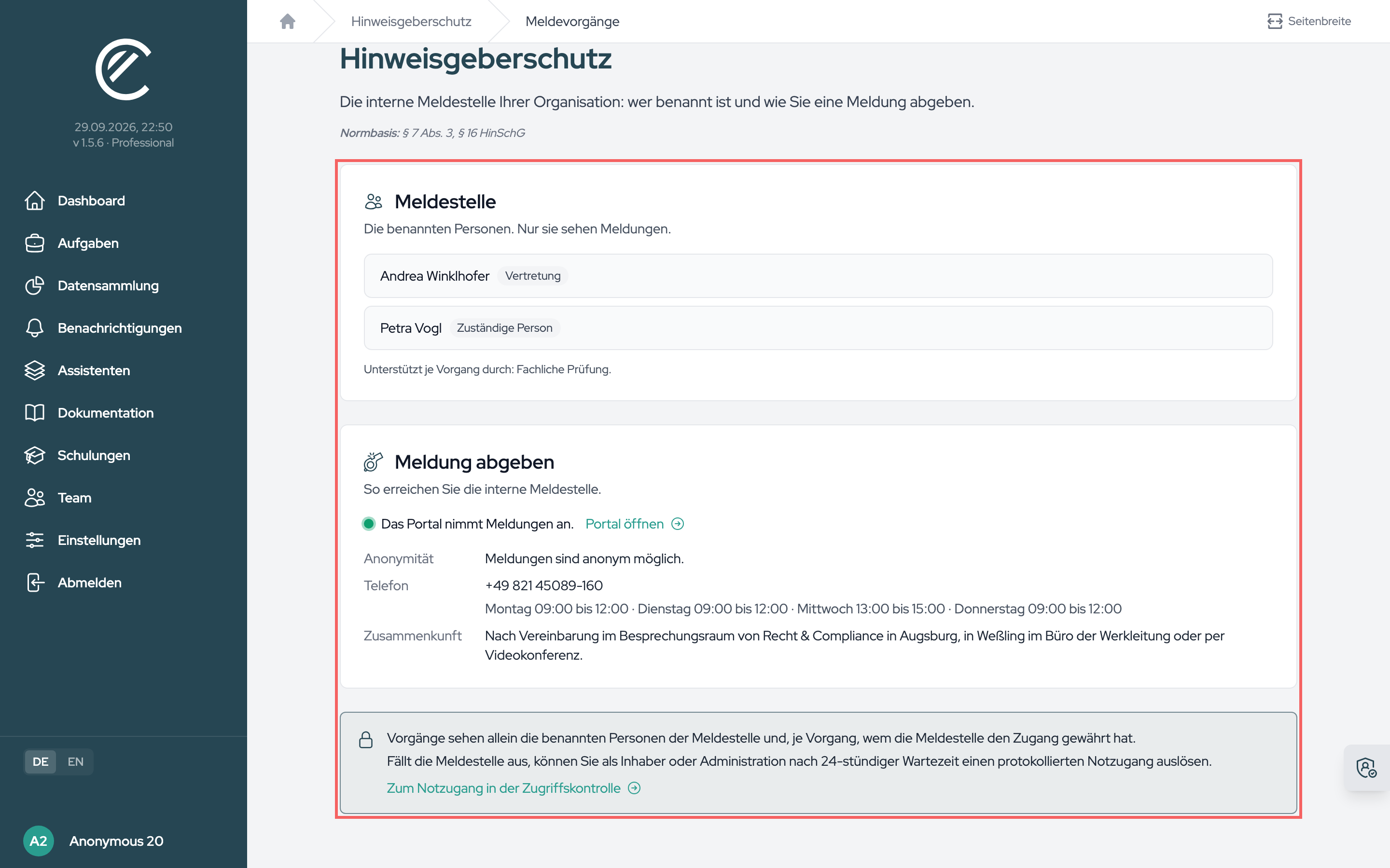 Die Seite Hinweisgeberschutz außerhalb der Meldestelle: wer benannt ist, wie eine Meldung abgegeben wird, und der Hinweis zu Vorgängen und Notzugang.