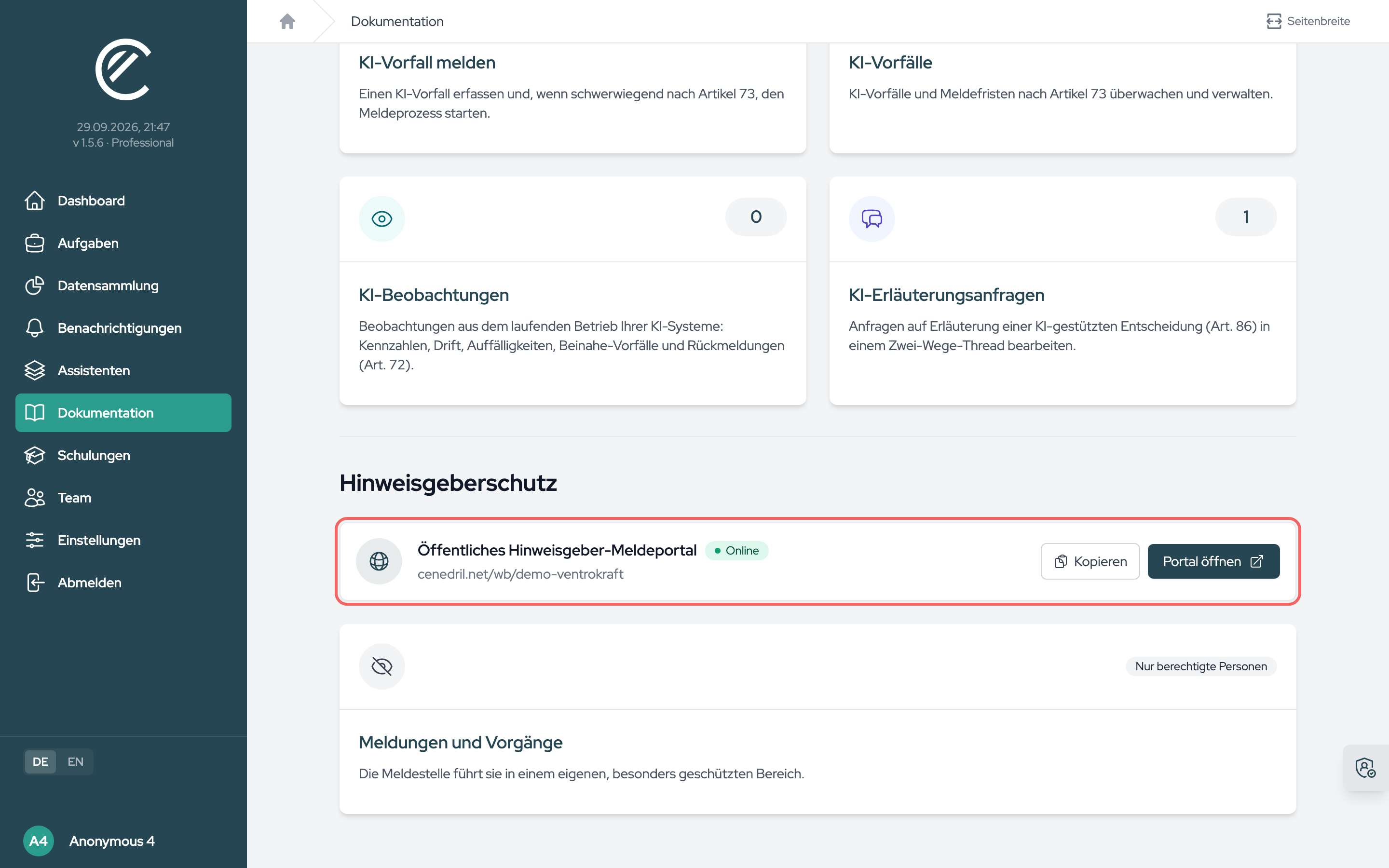 Die Leiste des Meldeportals auf der Dokumentationsseite, mit Zustand, Adresse, „Kopieren“ und „Portal öffnen“.