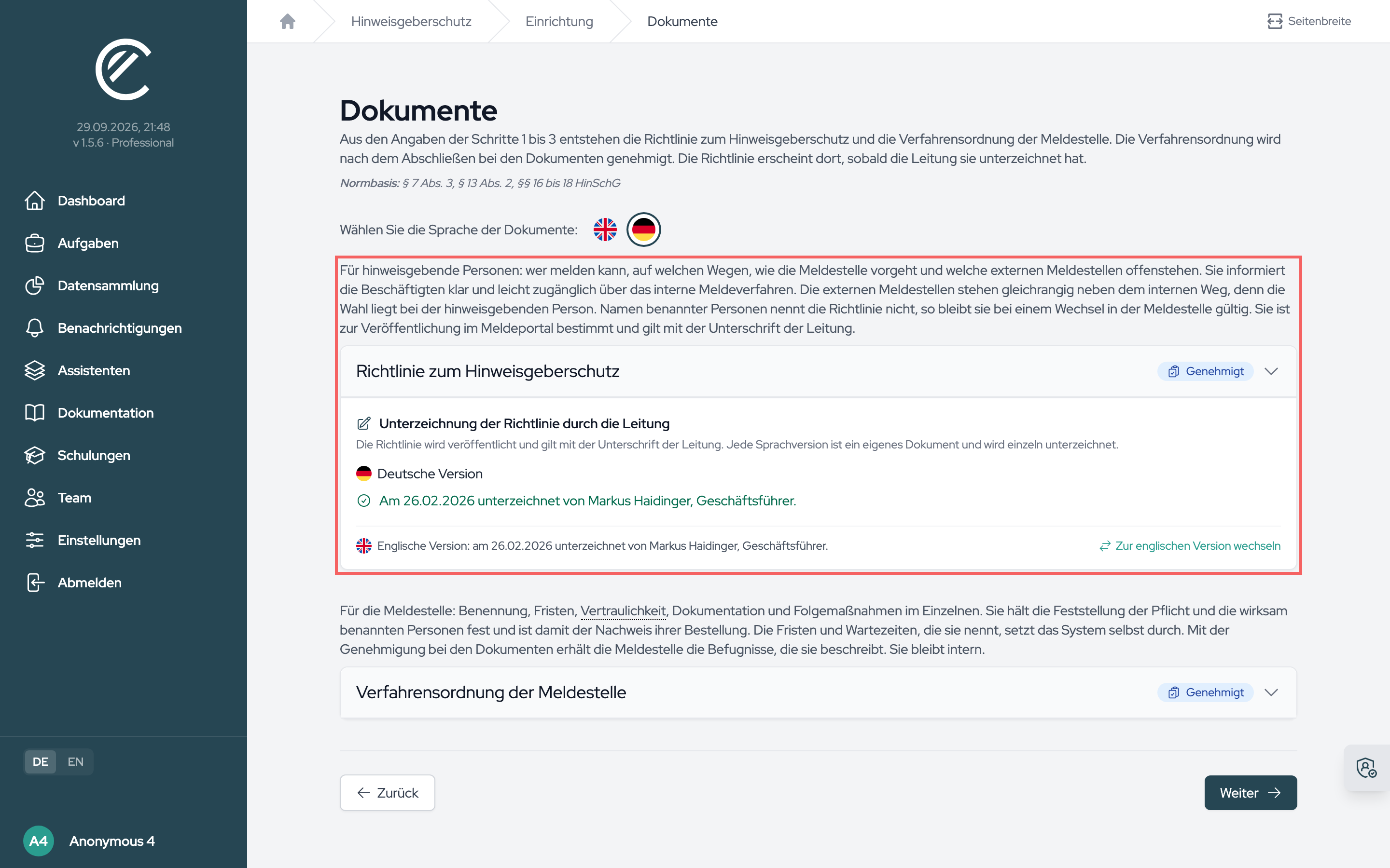 Die Karte der Richtlinie nach der Unterschrift: je Sprachversion, wann und von wem sie unterzeichnet wurde.
