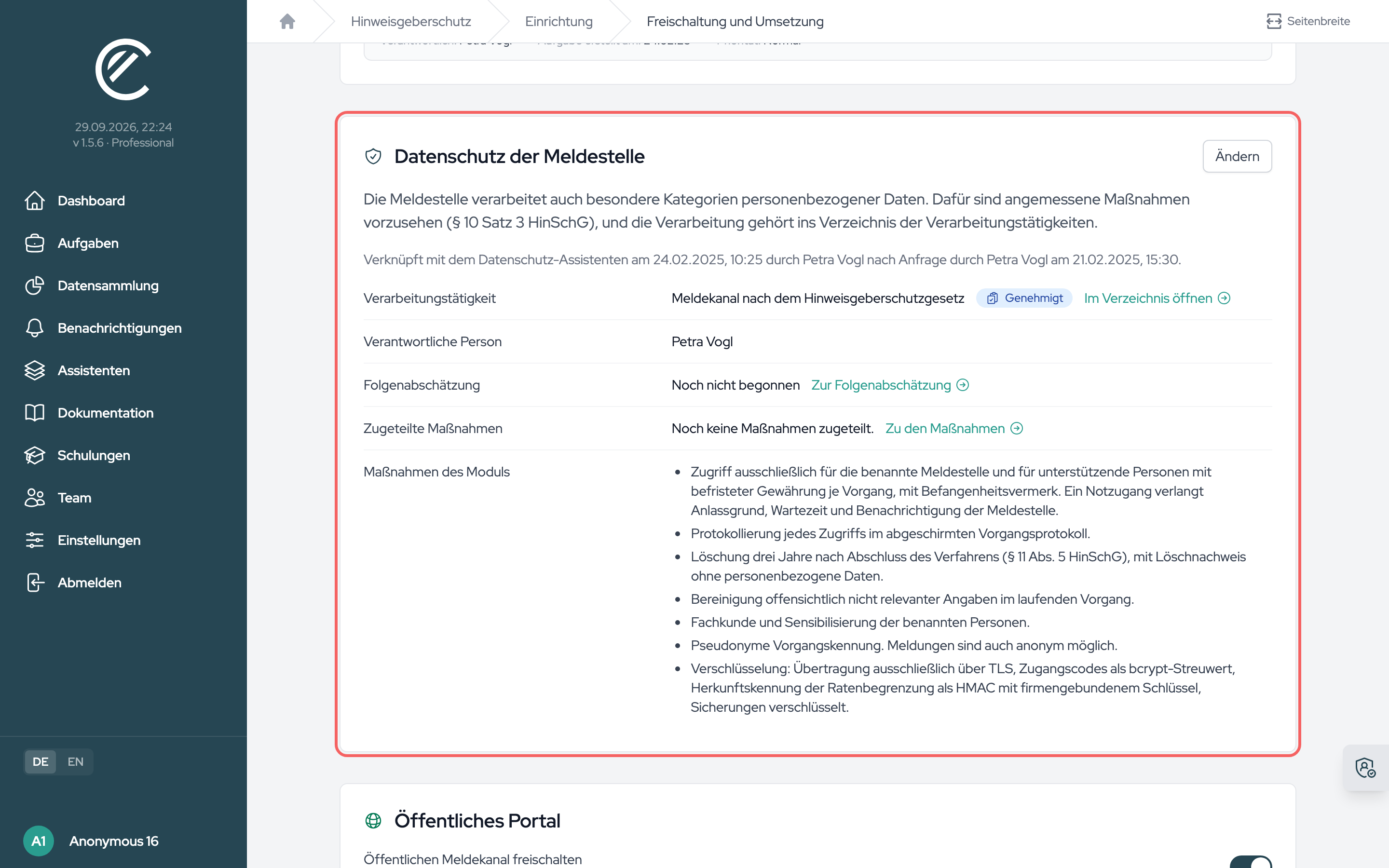 Die verknüpfte Meldestelle: die Verarbeitungstätigkeit mit ihrem Stand, die verantwortliche Person, die Folgenabschätzung, die zugeteilten Maßnahmen und die Maßnahmen, die das Modul selbst mitbringt.