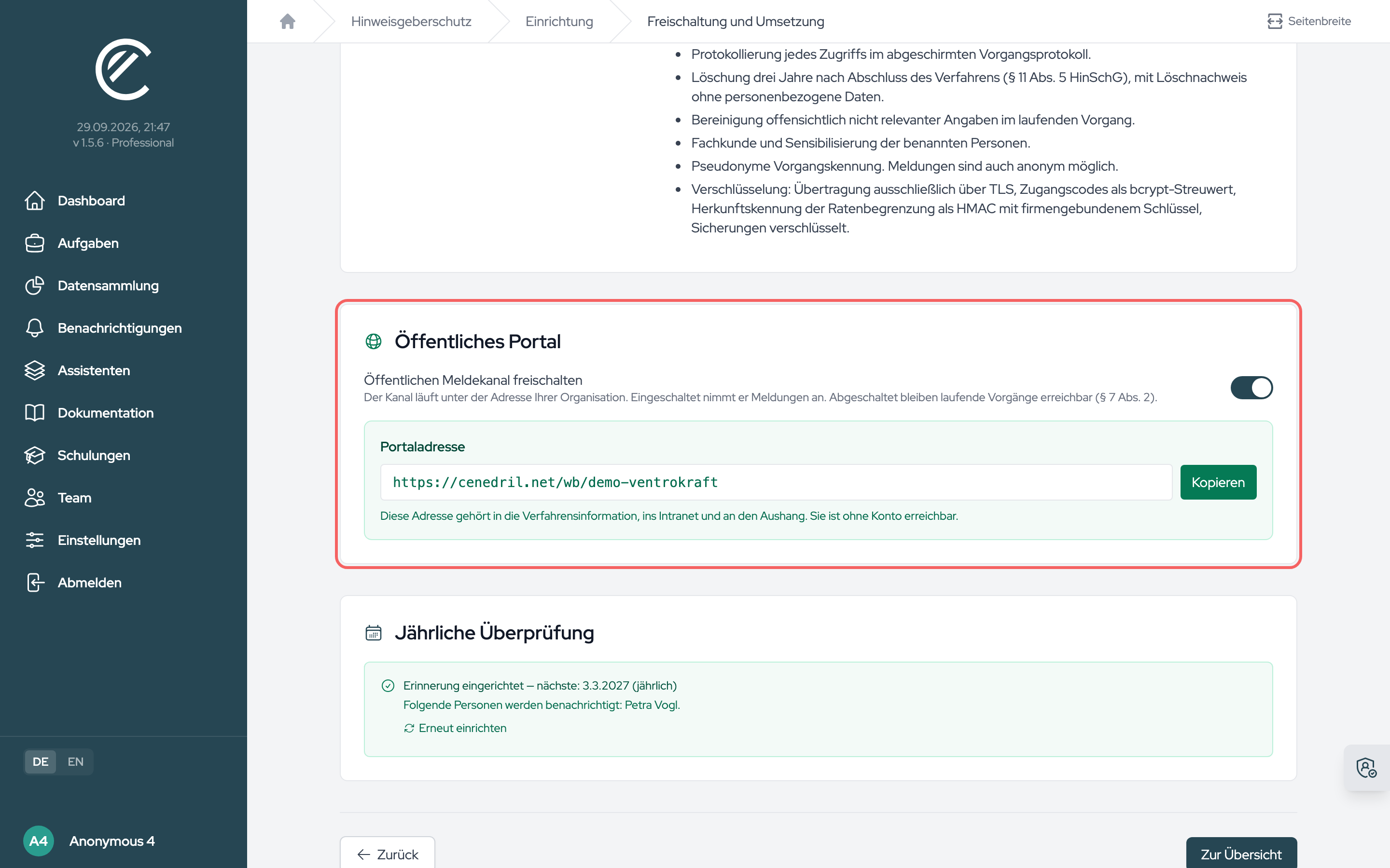 Das eingeschaltete Portal mit Portaladresse und „Kopieren“. Abgeschaltet bleiben laufende Vorgänge erreichbar.